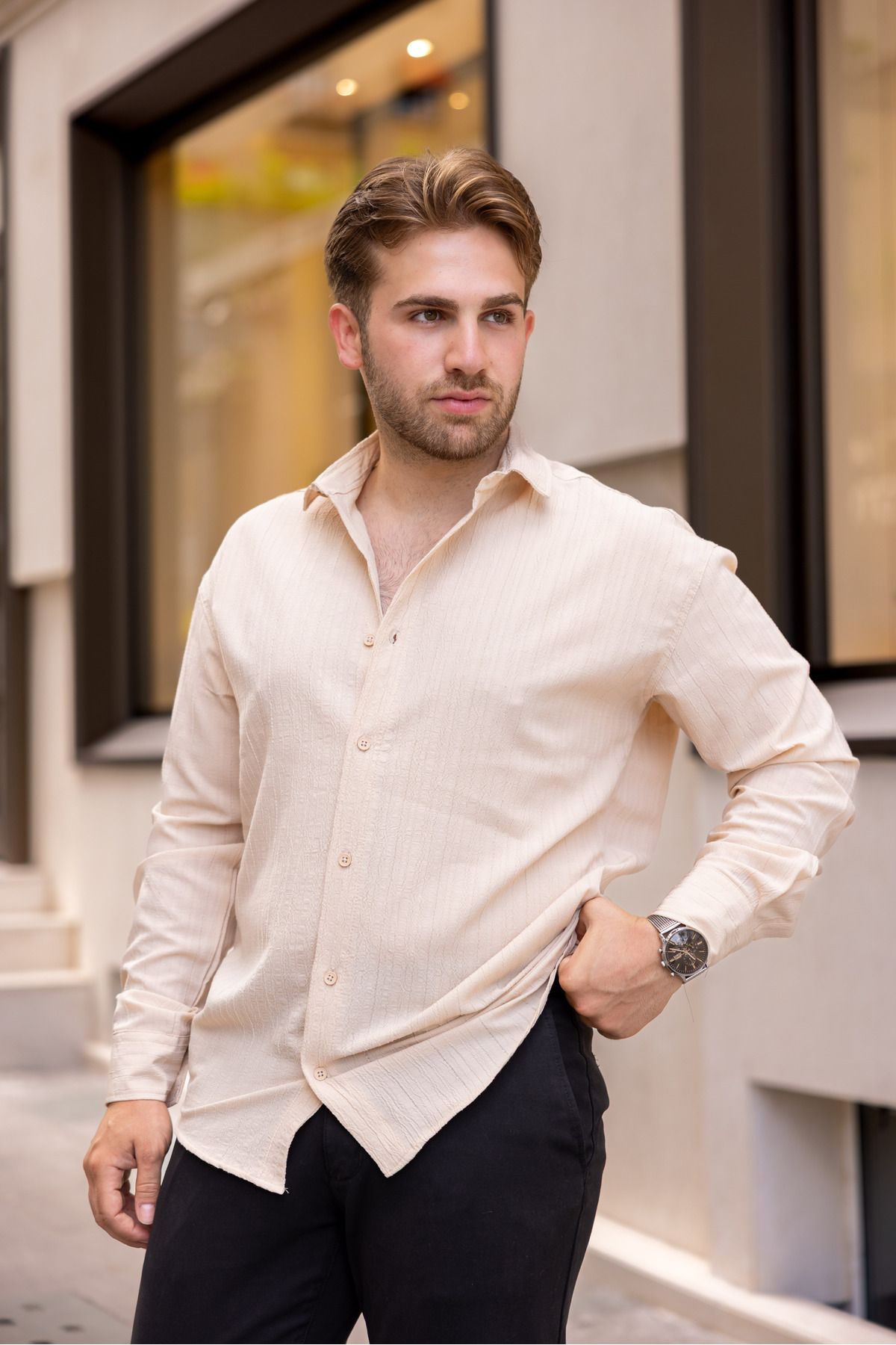 Erkek Bol Kesim Desenli Bej Keten Gömlek