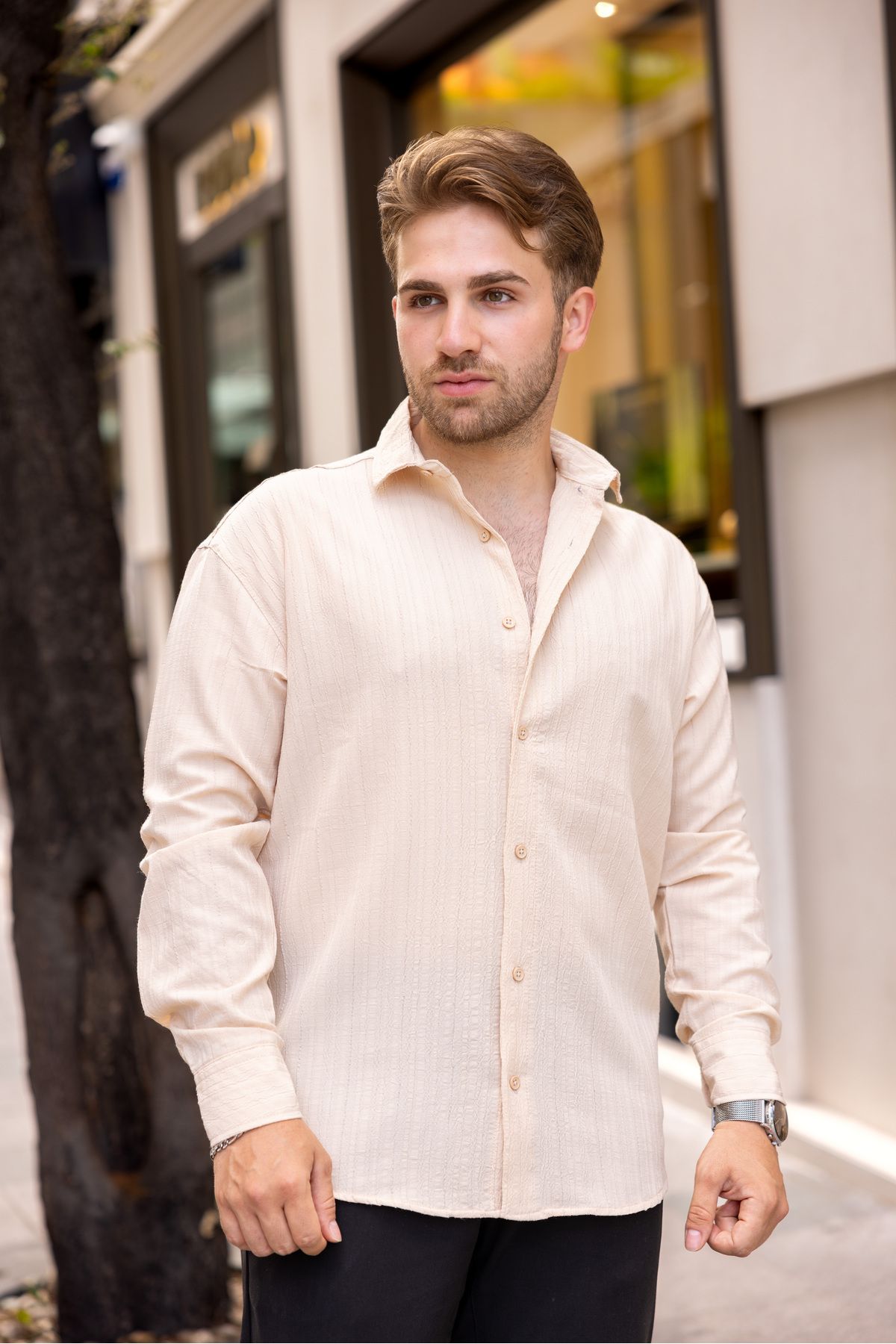 Erkek Bol Kesim Desenli Bej Keten Gömlek