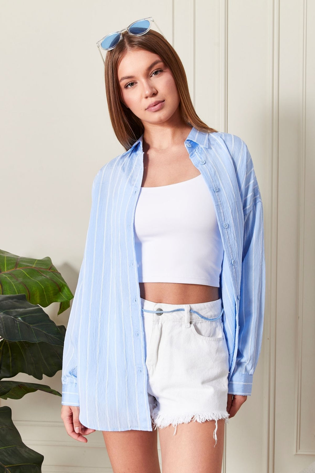 Açık Mavi Çizgili Over Fit Her Mevsime Uygun Kadın Gömlek