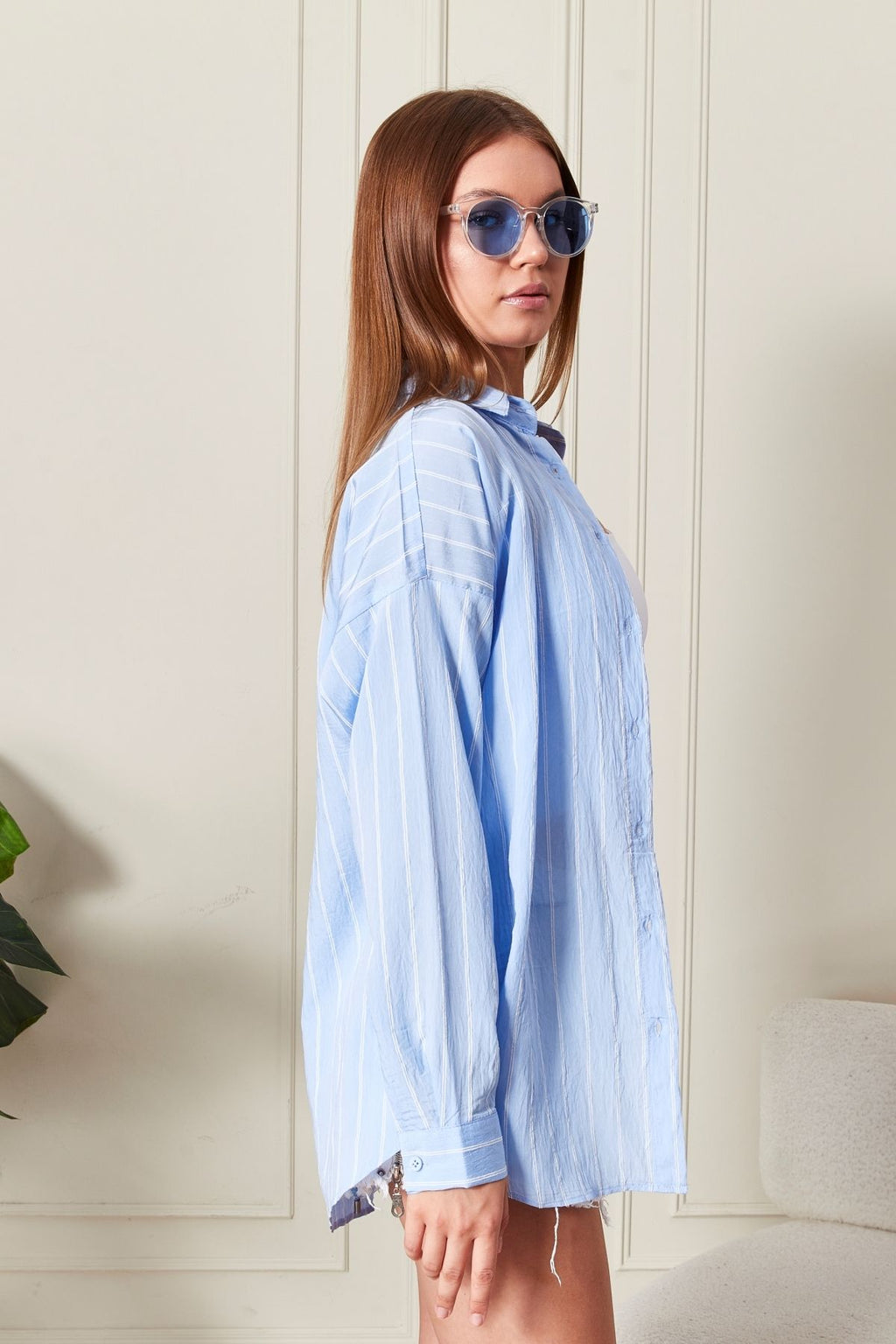 Açık Mavi Çizgili Over Fit Her Mevsime Uygun Kadın Gömlek
