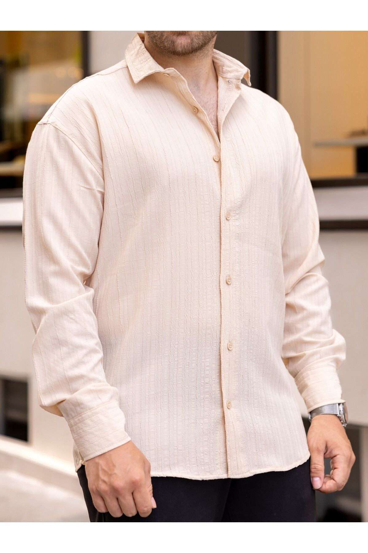 Erkek Bol Kesim Desenli Bej Keten Gömlek