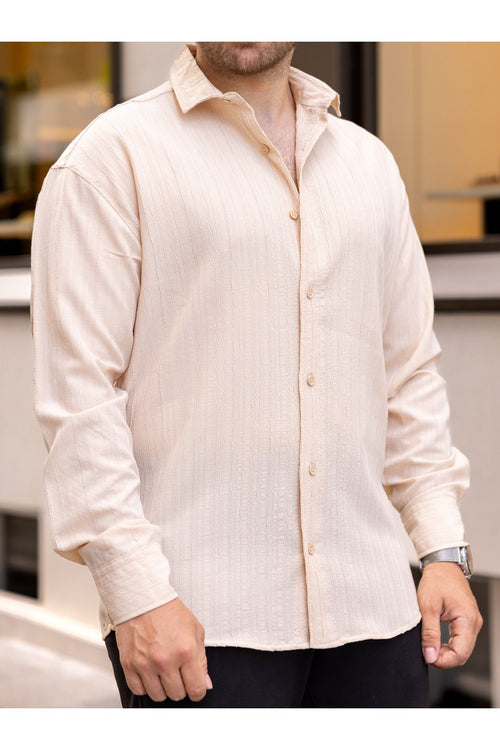 Erkek Bol Kesim Desenli Bej Keten Gömlek