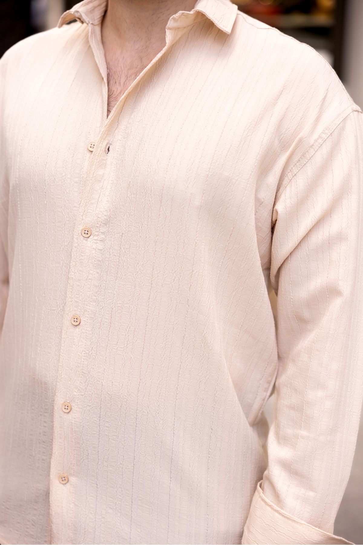 Erkek Bol Kesim Desenli Bej Keten Gömlek