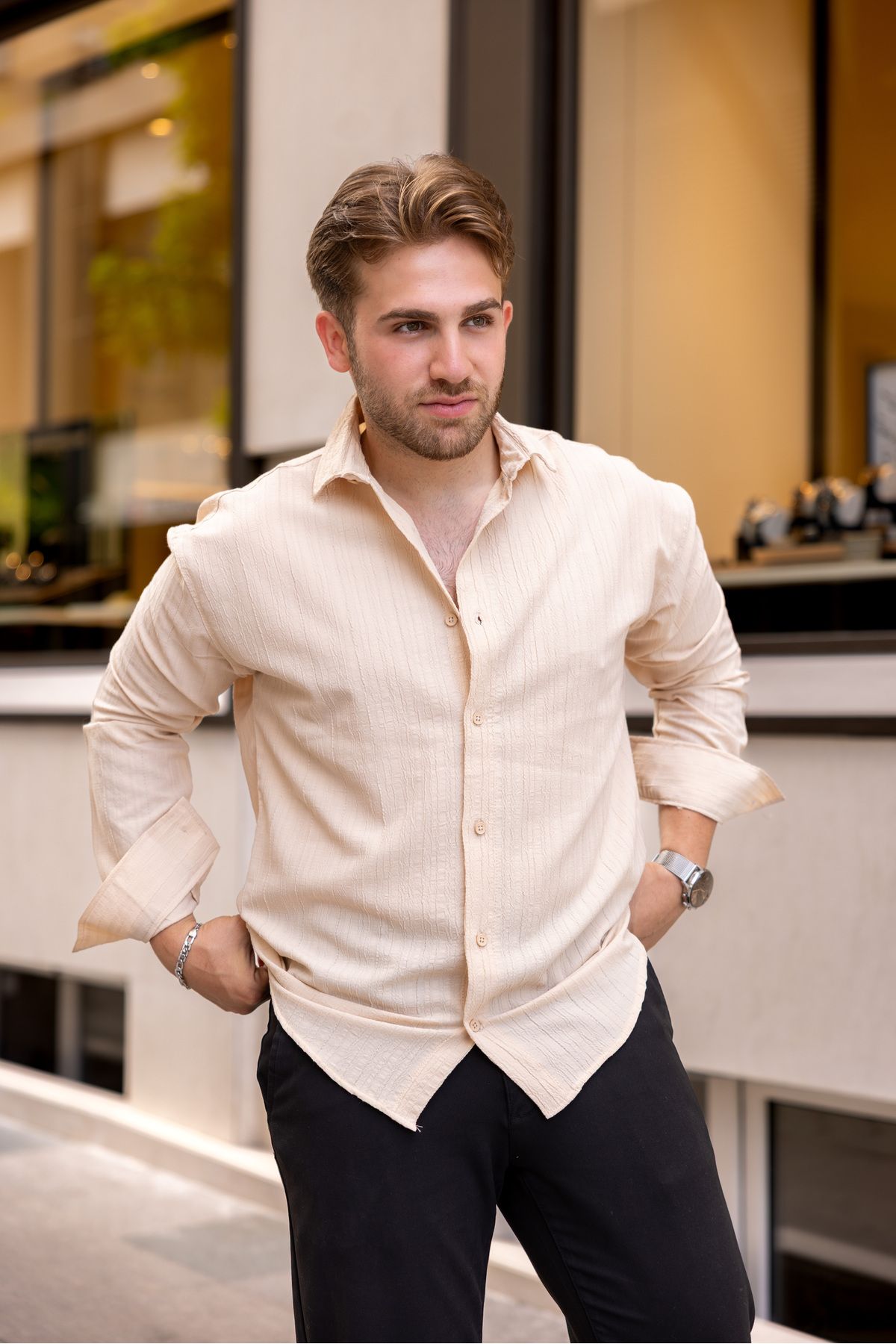 Erkek Bol Kesim Desenli Bej Keten Gömlek