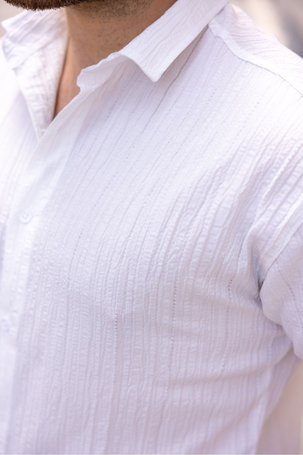 Erkek Bol Kesim Desenli Beyaz Keten Gömlek