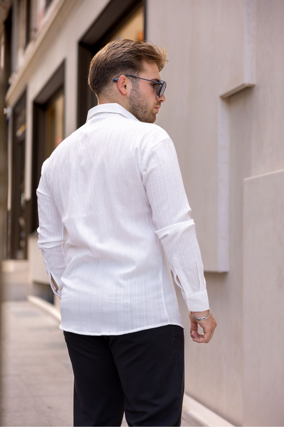 Erkek Bol Kesim Desenli Beyaz Keten Gömlek