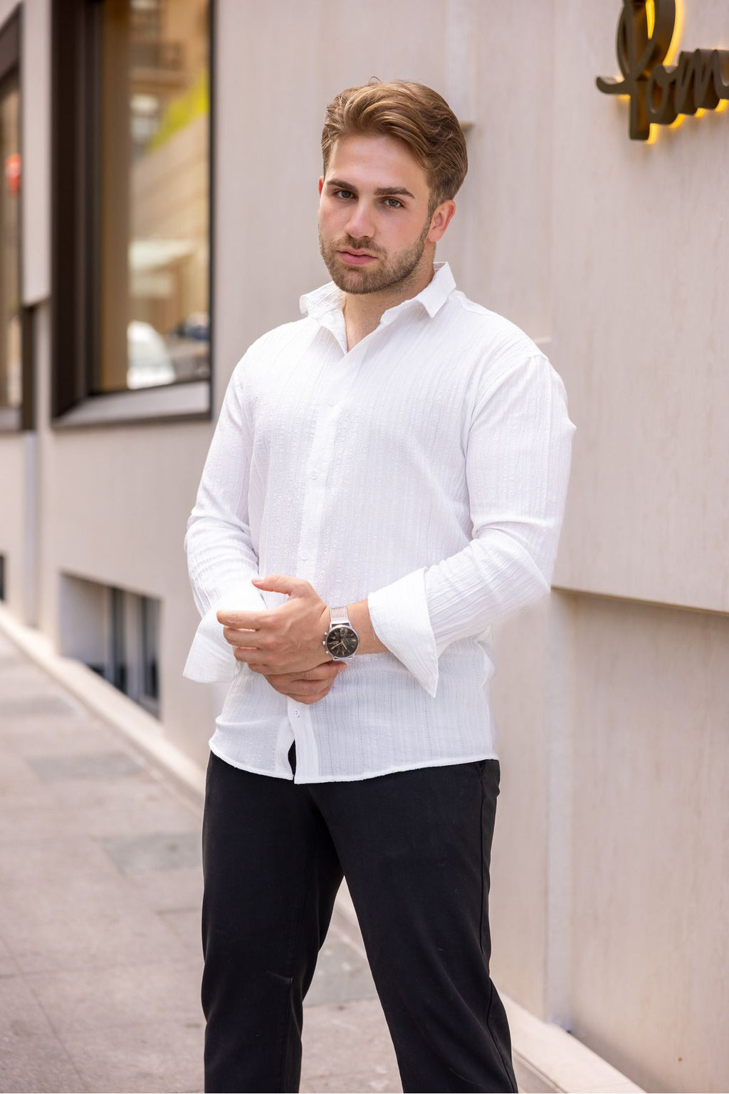 Erkek Bol Kesim Desenli Beyaz Keten Gömlek