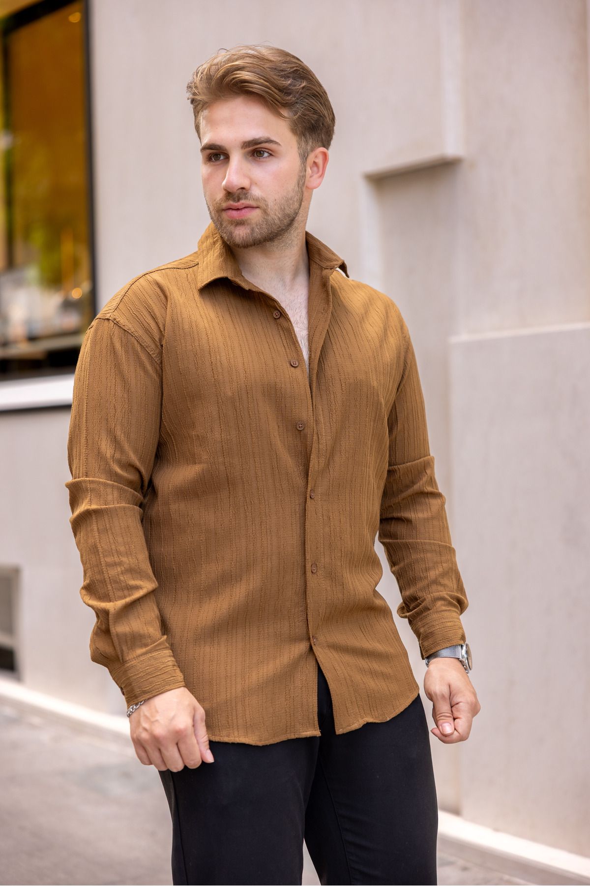 Erkek Bol Kesim Desenli Karamel Keten Gömlek