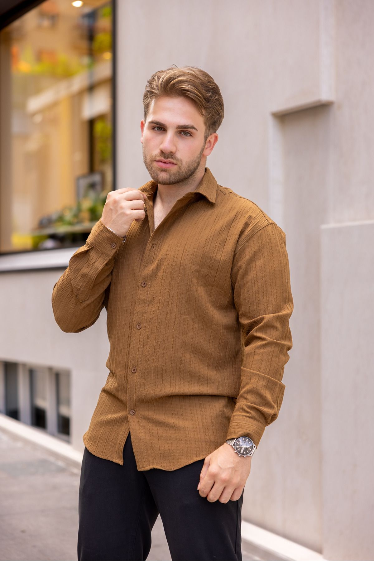 Erkek Bol Kesim Desenli Karamel Keten Gömlek