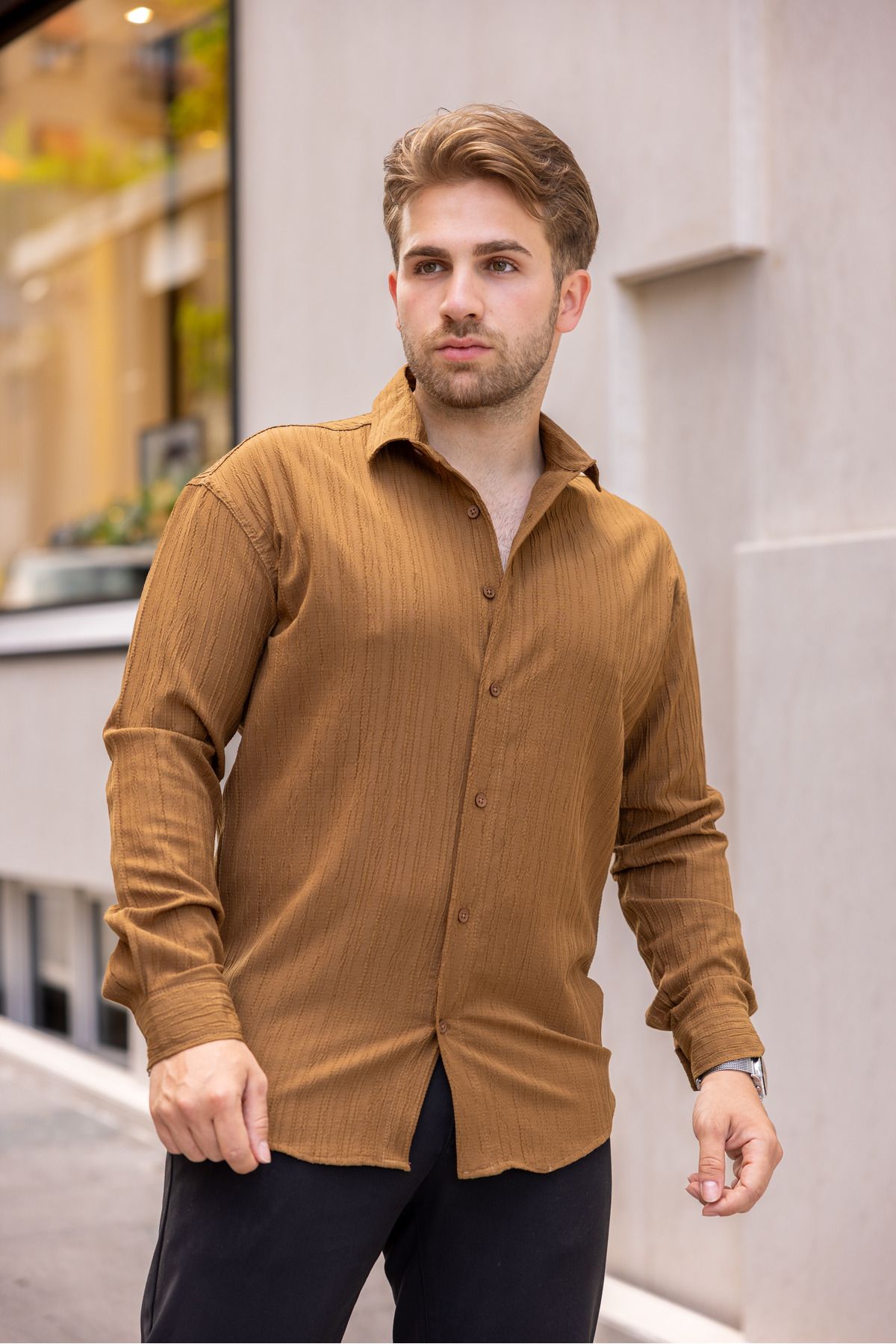 Erkek Bol Kesim Desenli Karamel Keten Gömlek