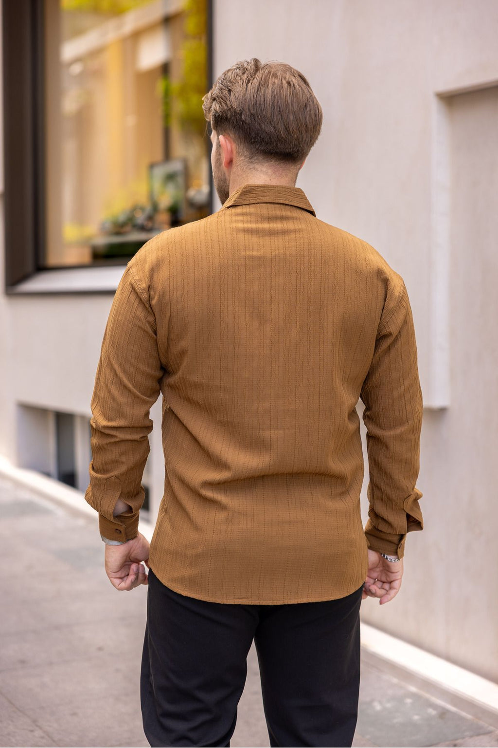 Erkek Bol Kesim Desenli Karamel Keten Gömlek