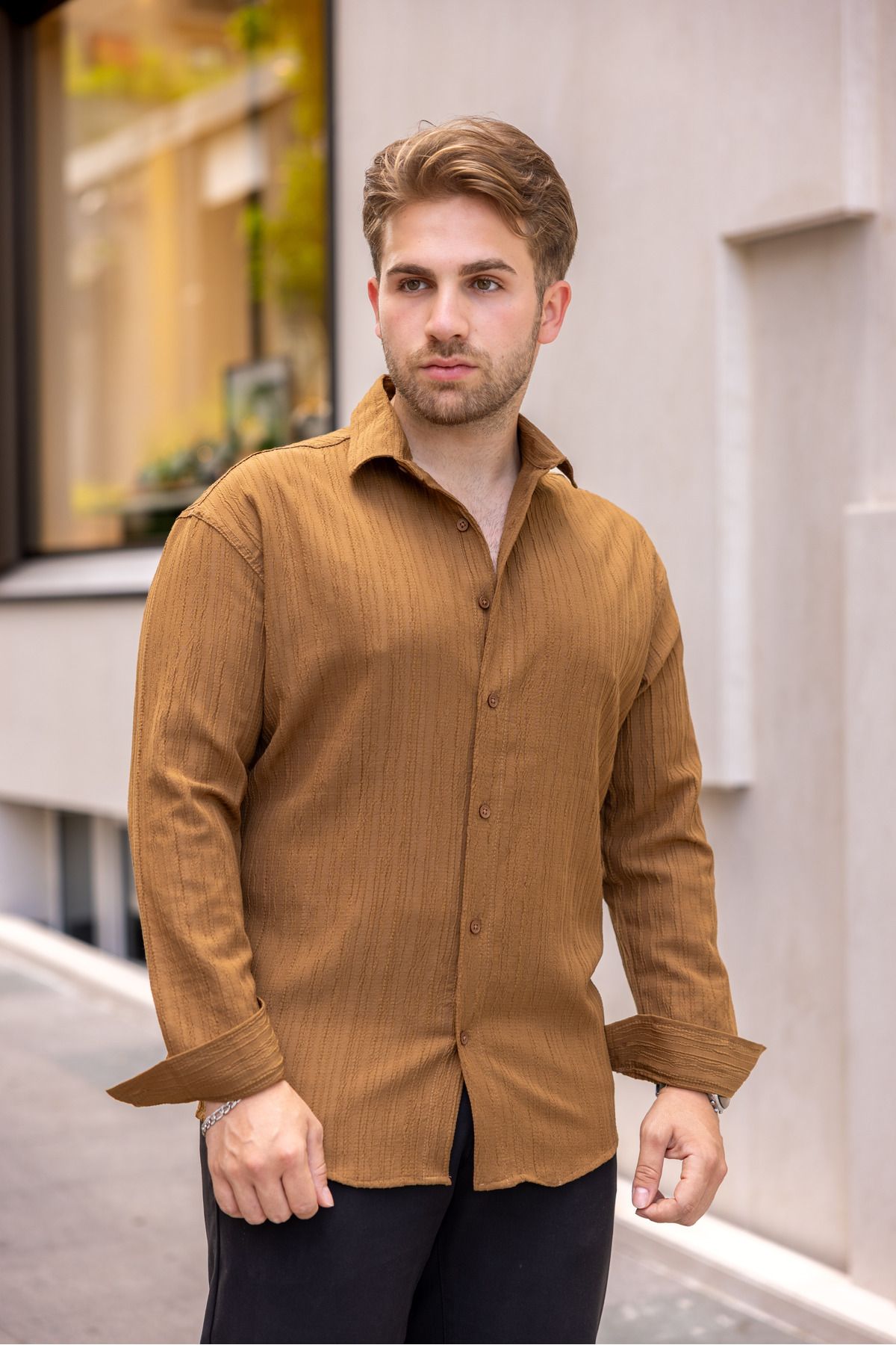 Erkek Bol Kesim Desenli Karamel Keten Gömlek