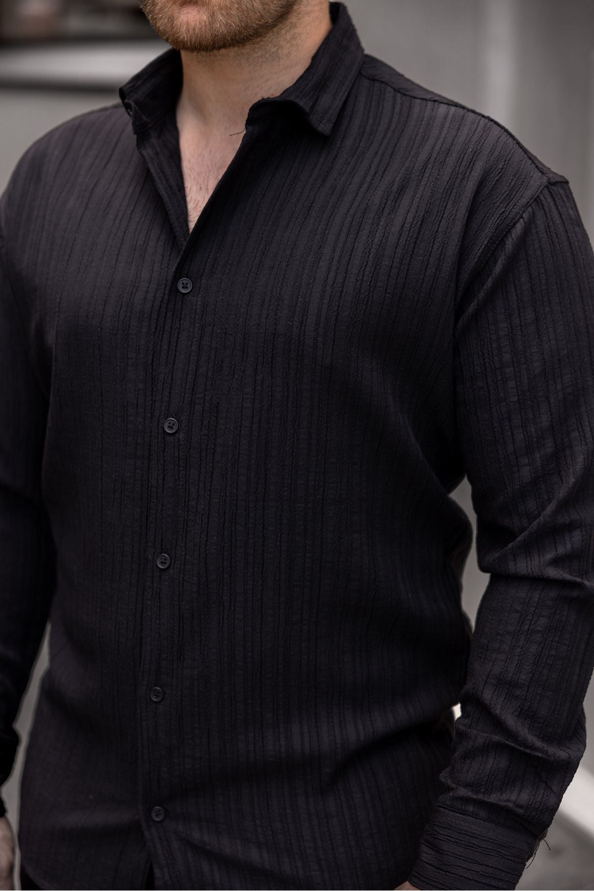 Erkek Bol Kesim Desenli Siyah Keten Gömlek