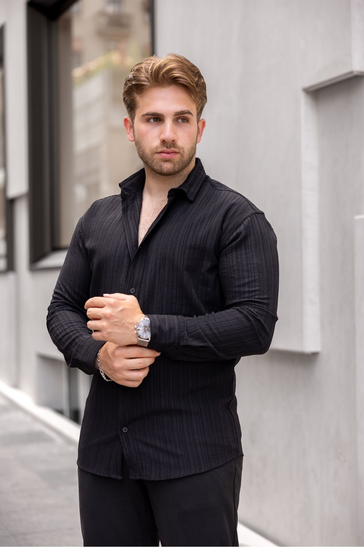 Erkek Bol Kesim Desenli Siyah Keten Gömlek