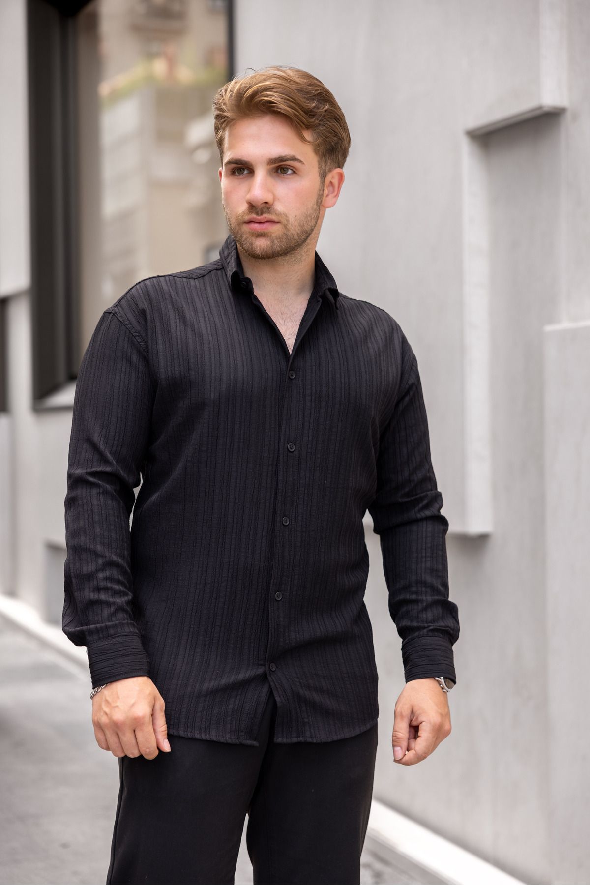 Erkek Bol Kesim Desenli Siyah Keten Gömlek