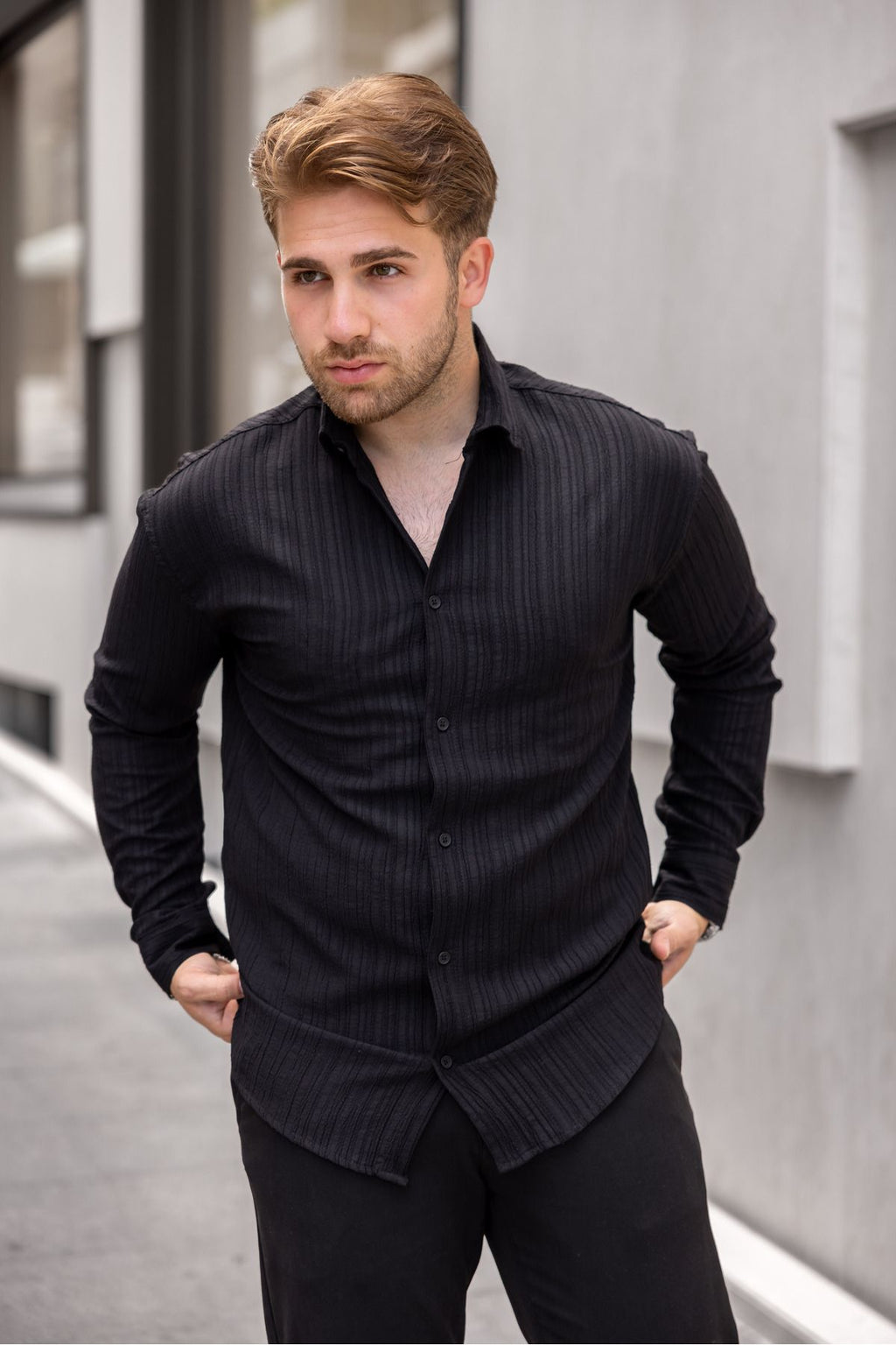 Erkek Bol Kesim Desenli Siyah Keten Gömlek