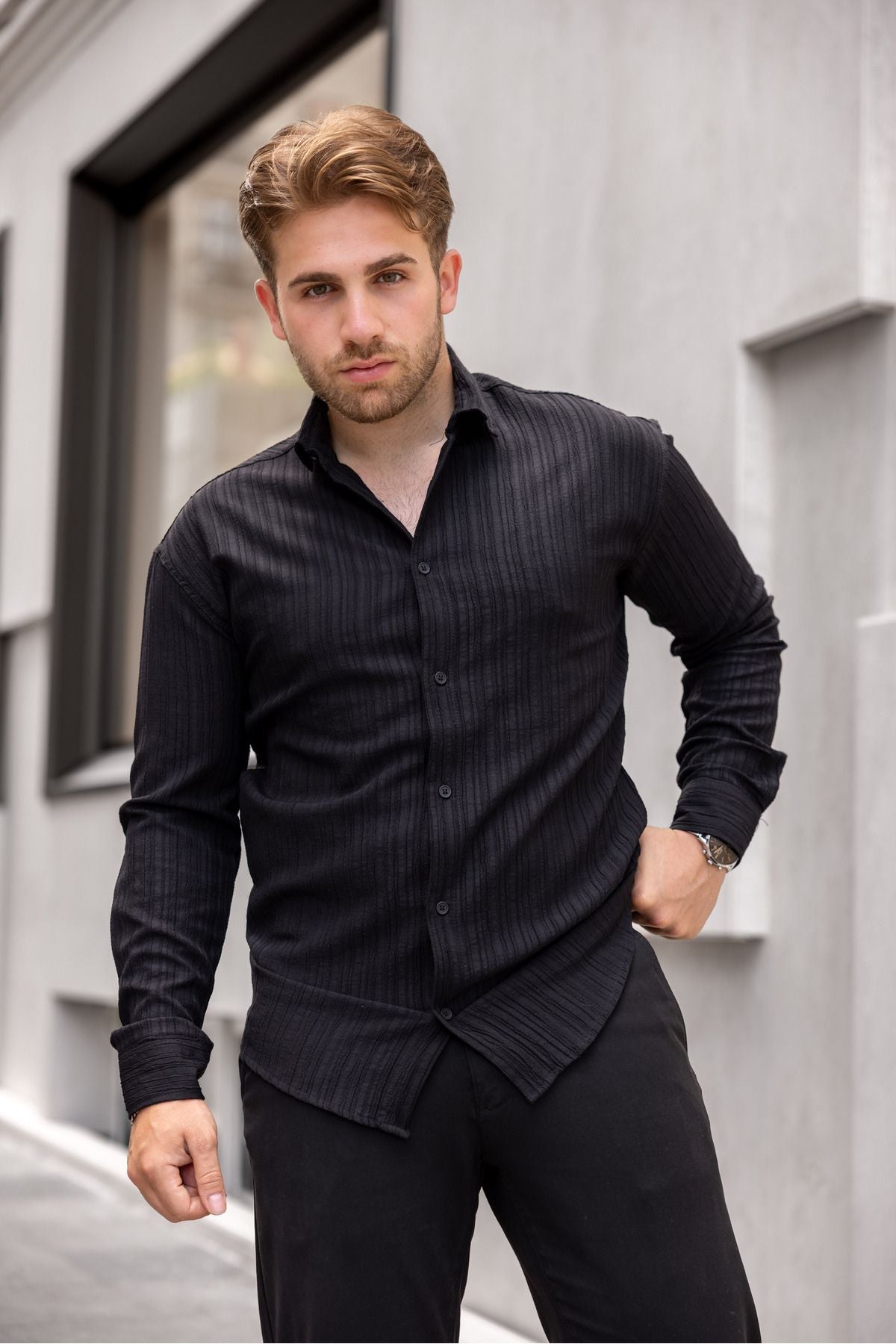 Erkek Bol Kesim Desenli Siyah Keten Gömlek