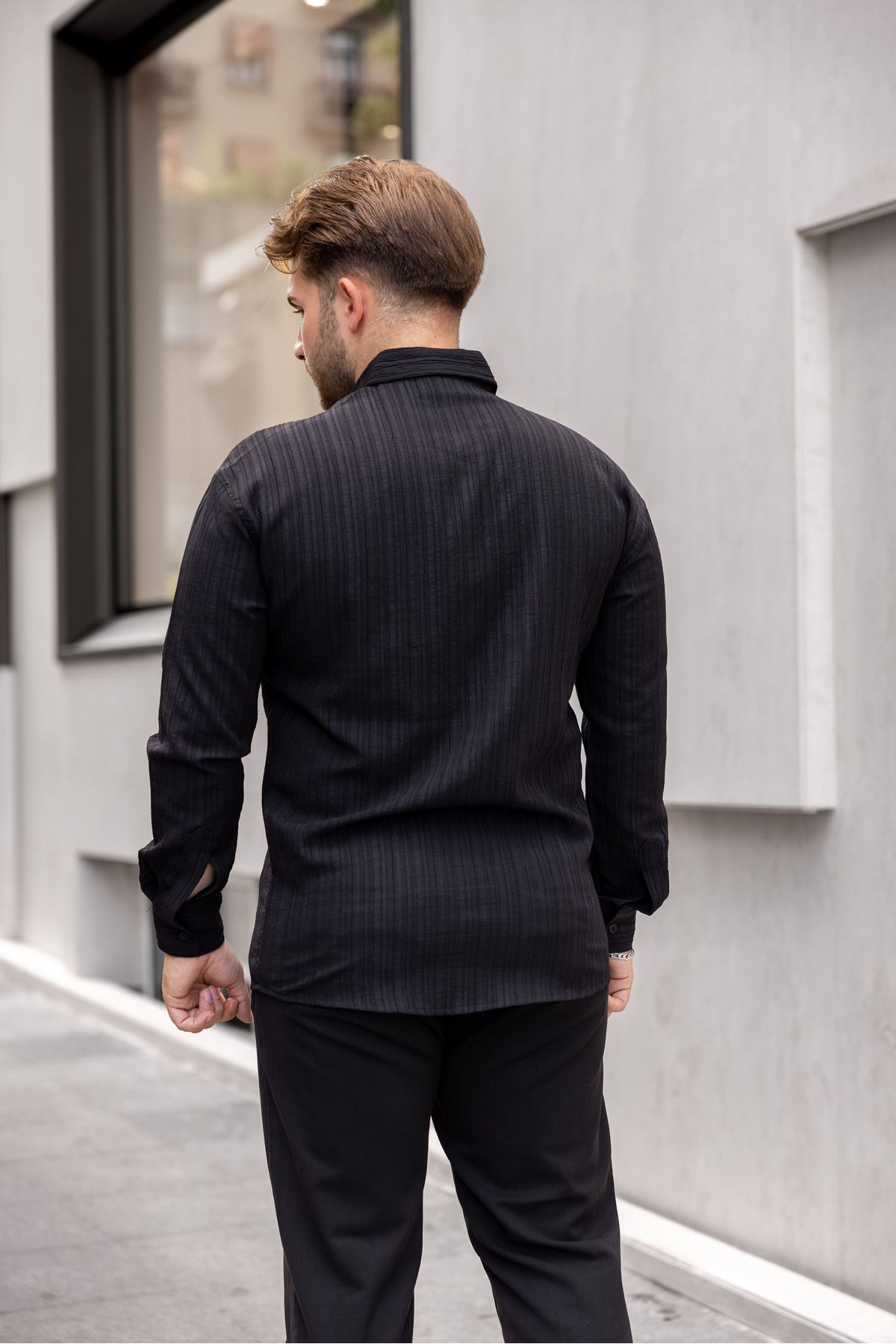 Erkek Bol Kesim Desenli Siyah Keten Gömlek