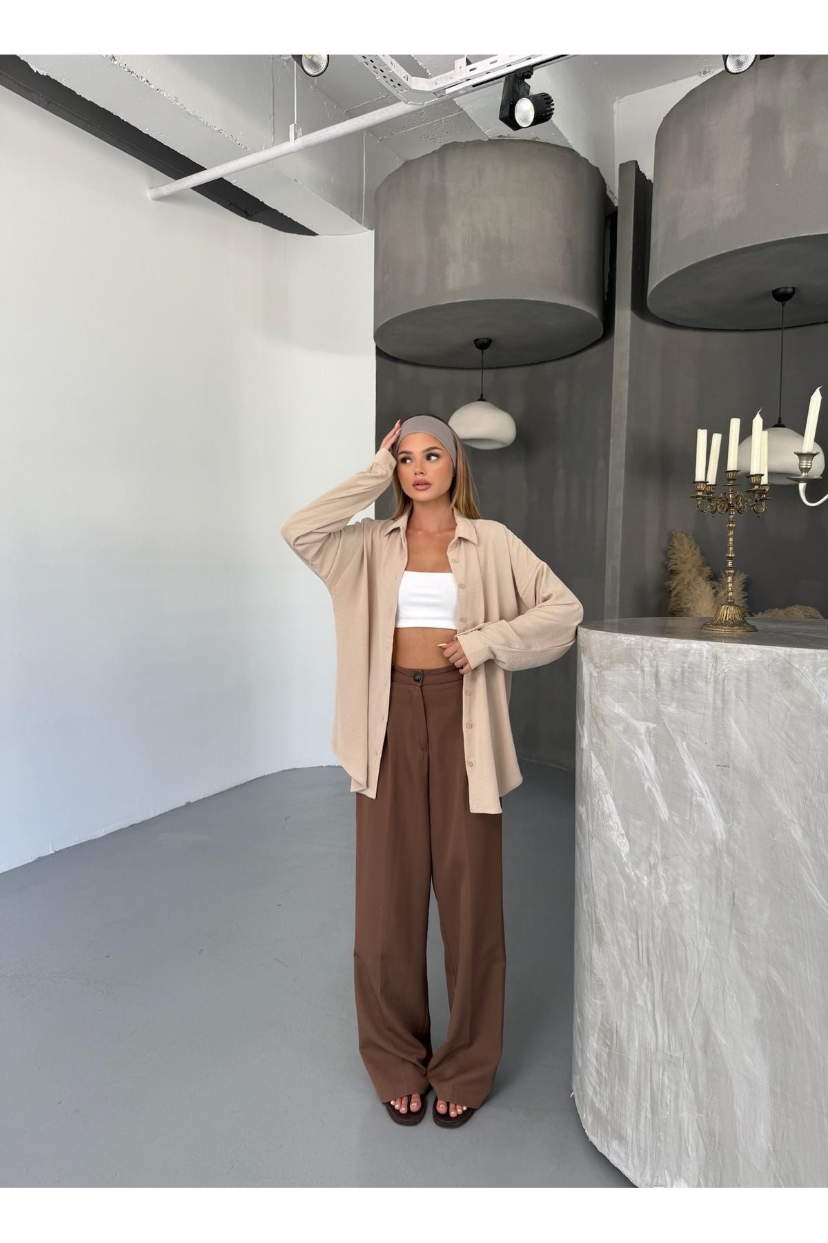 Kadın Bej Oversize Keten Ayrobin Gömlek