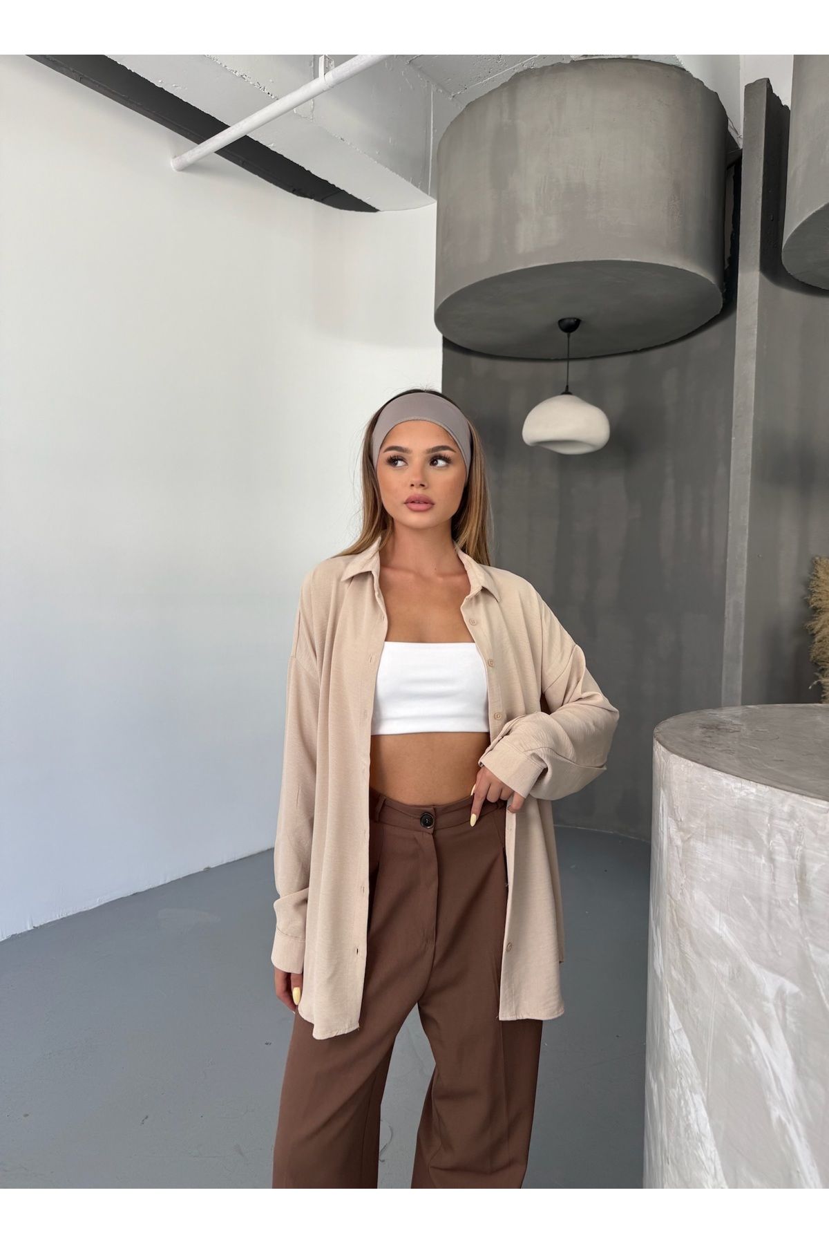 Kadın Bej Oversize Keten Ayrobin Gömlek
