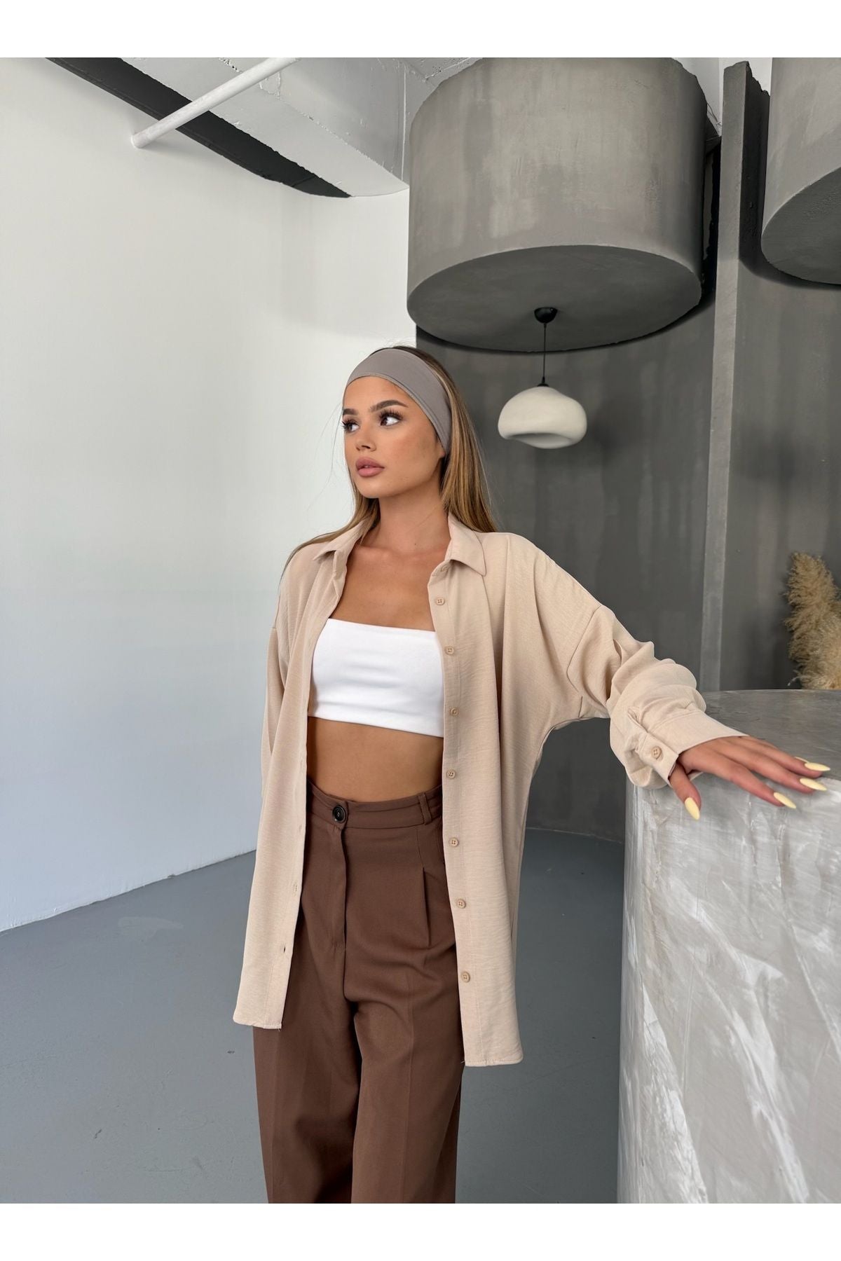 Kadın Bej Oversize Keten Ayrobin Gömlek