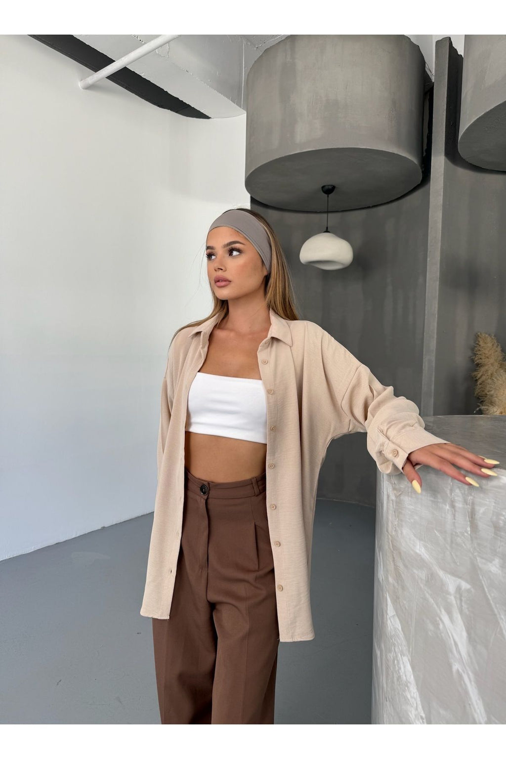 Kadın Bej Oversize Keten Ayrobin Gömlek