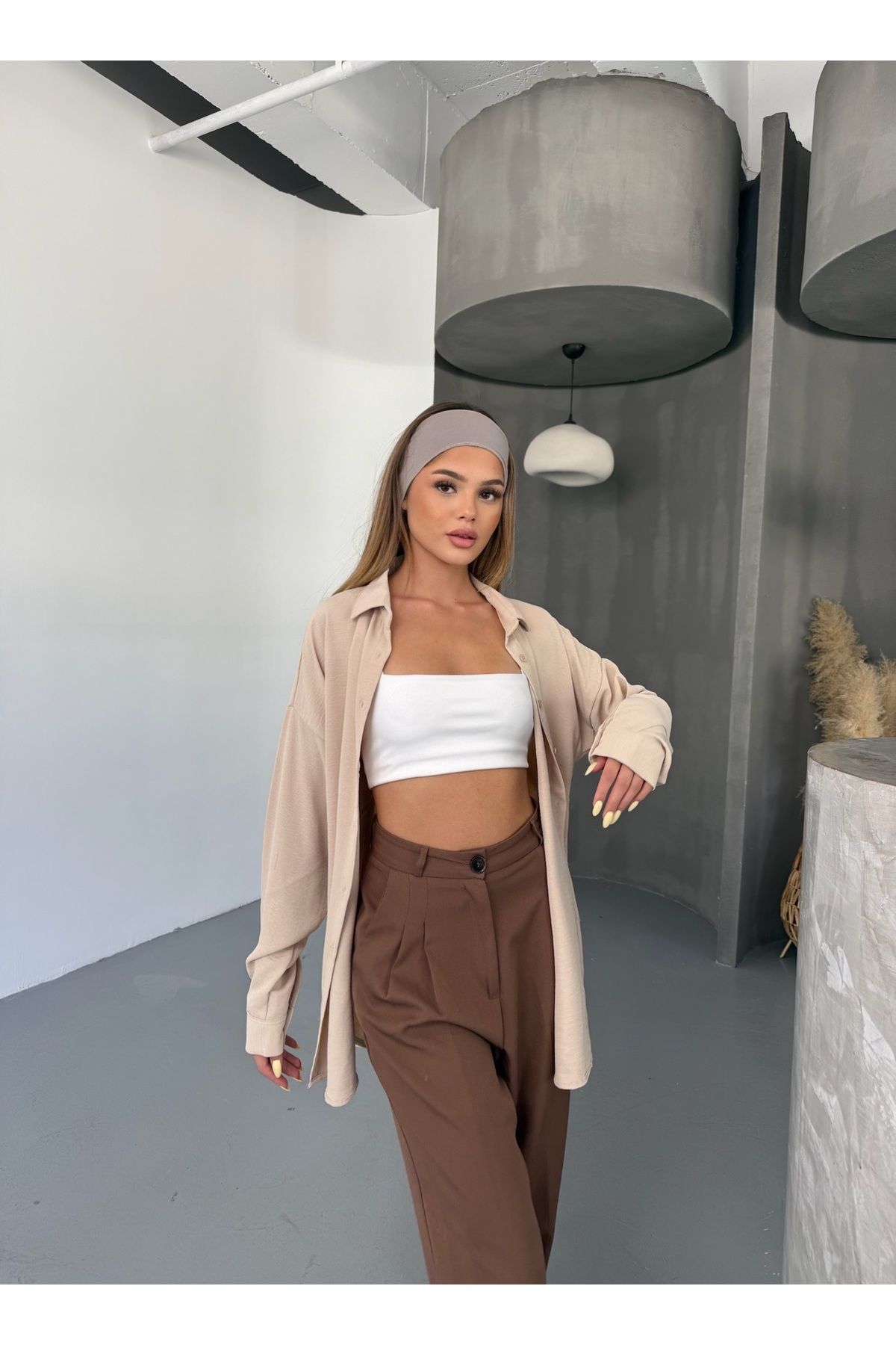 Kadın Bej Oversize Keten Ayrobin Gömlek