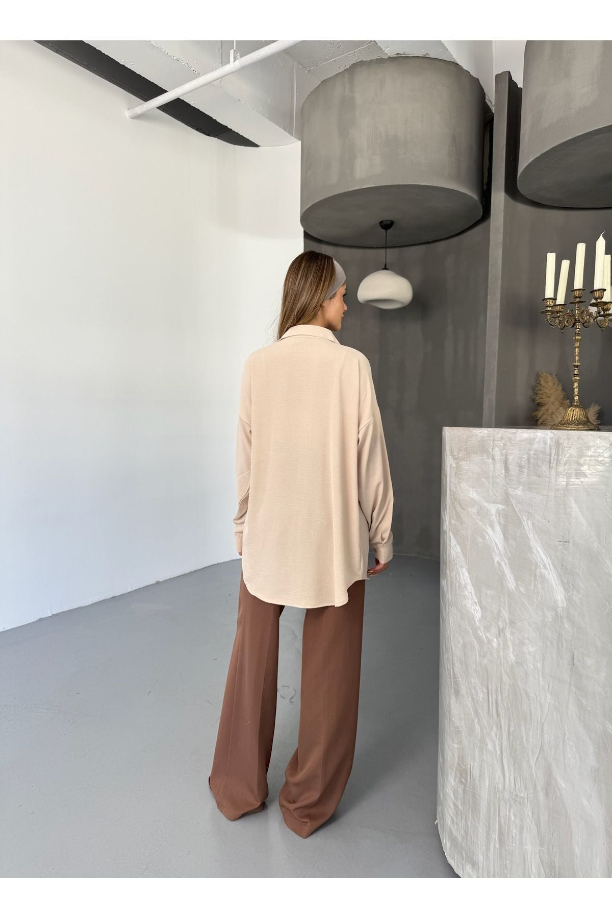 Kadın Bej Oversize Keten Ayrobin Gömlek