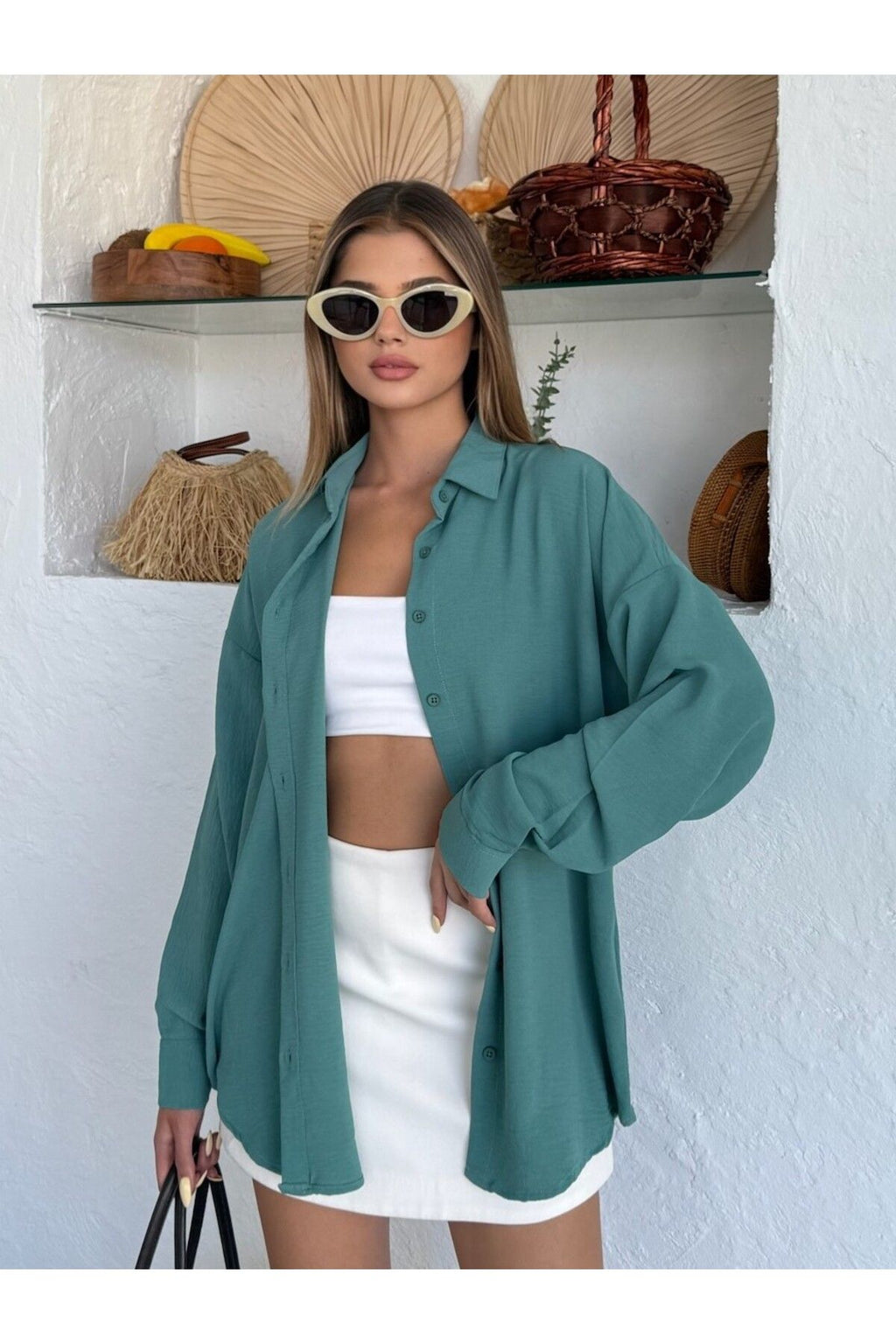 Kadın Çağla Oversize Keten Ayrobin Gömlek