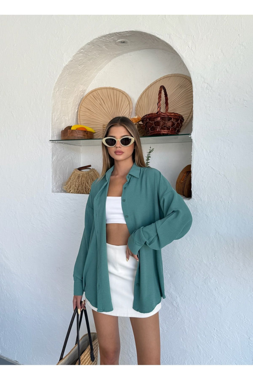 Kadın Çağla Oversize Keten Ayrobin Gömlek