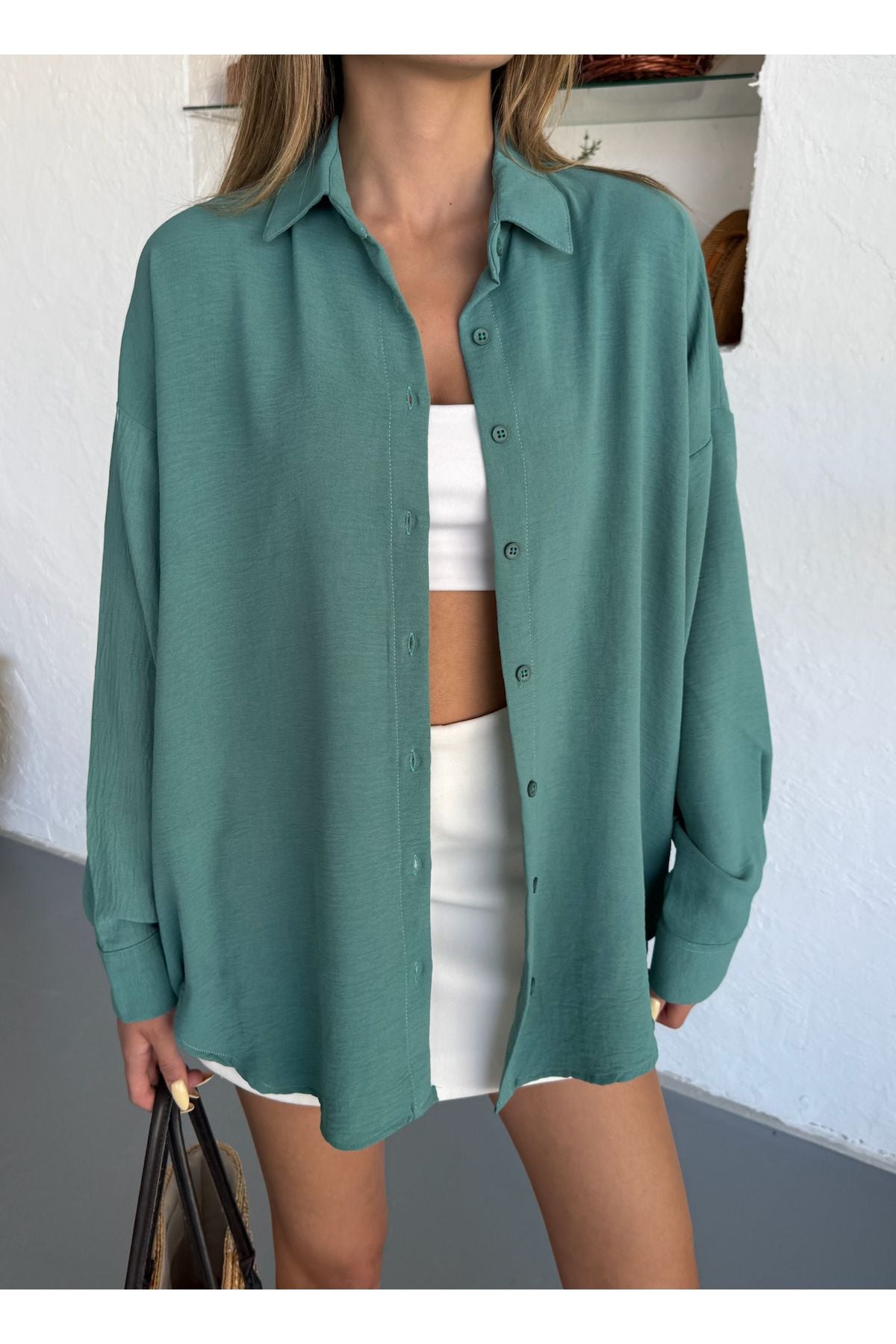 Kadın Çağla Oversize Keten Ayrobin Gömlek