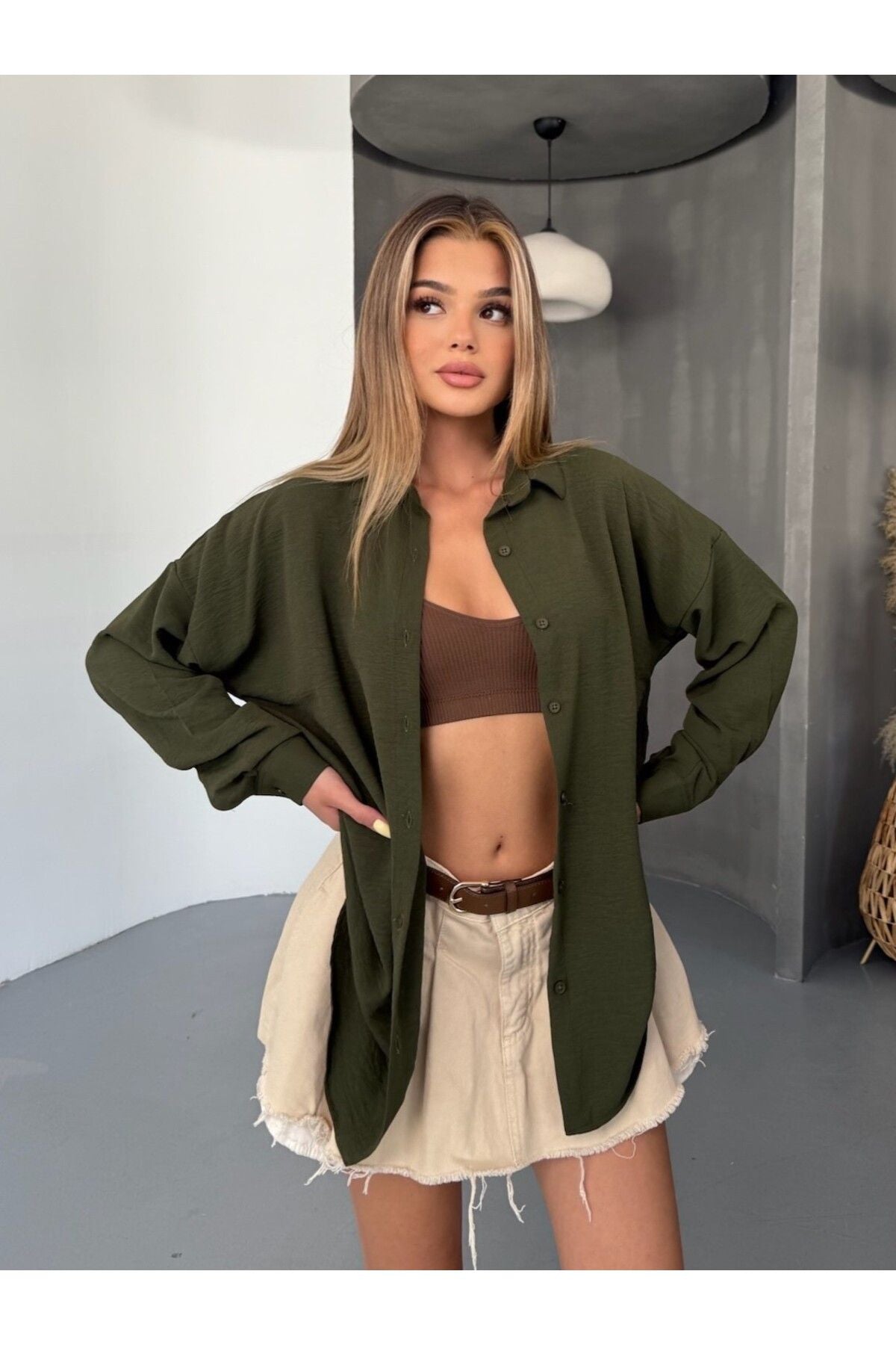 Kadın Haki Oversize Keten Ayrobin Gömlek