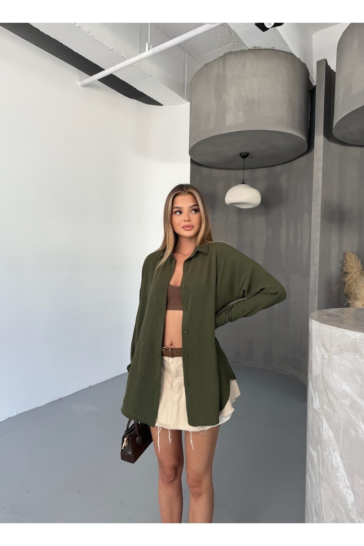 Kadın Haki Oversize Keten Ayrobin Gömlek