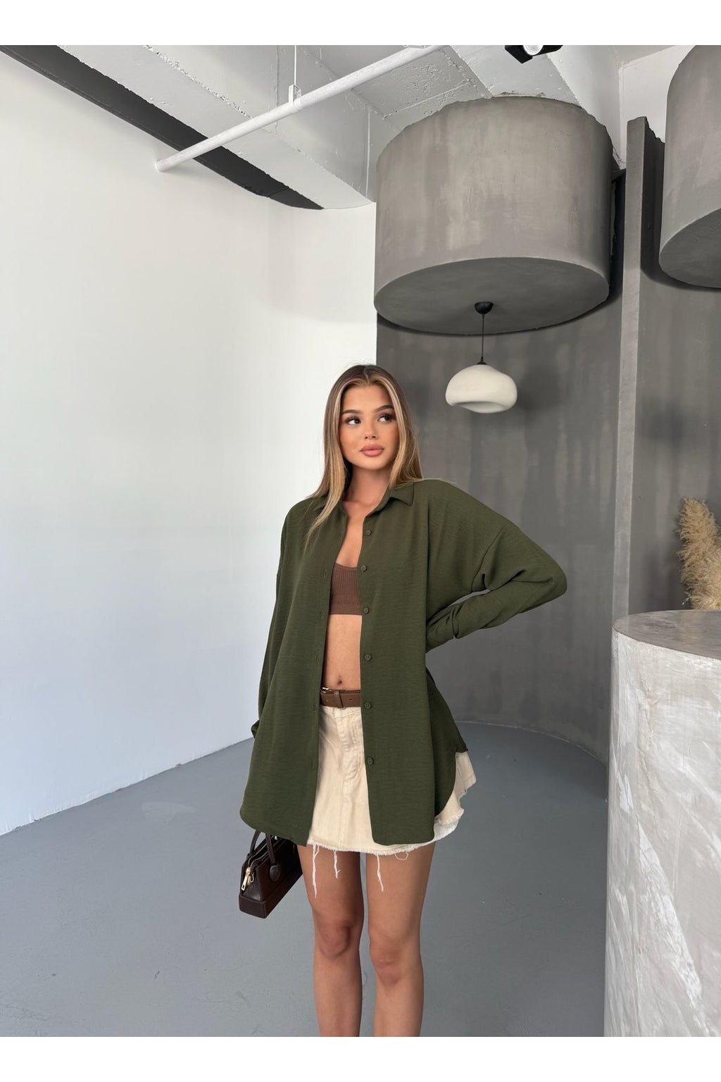 Kadın Haki Oversize Keten Ayrobin Gömlek