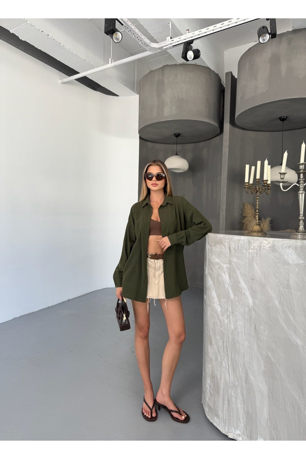 Kadın Haki Oversize Keten Ayrobin Gömlek