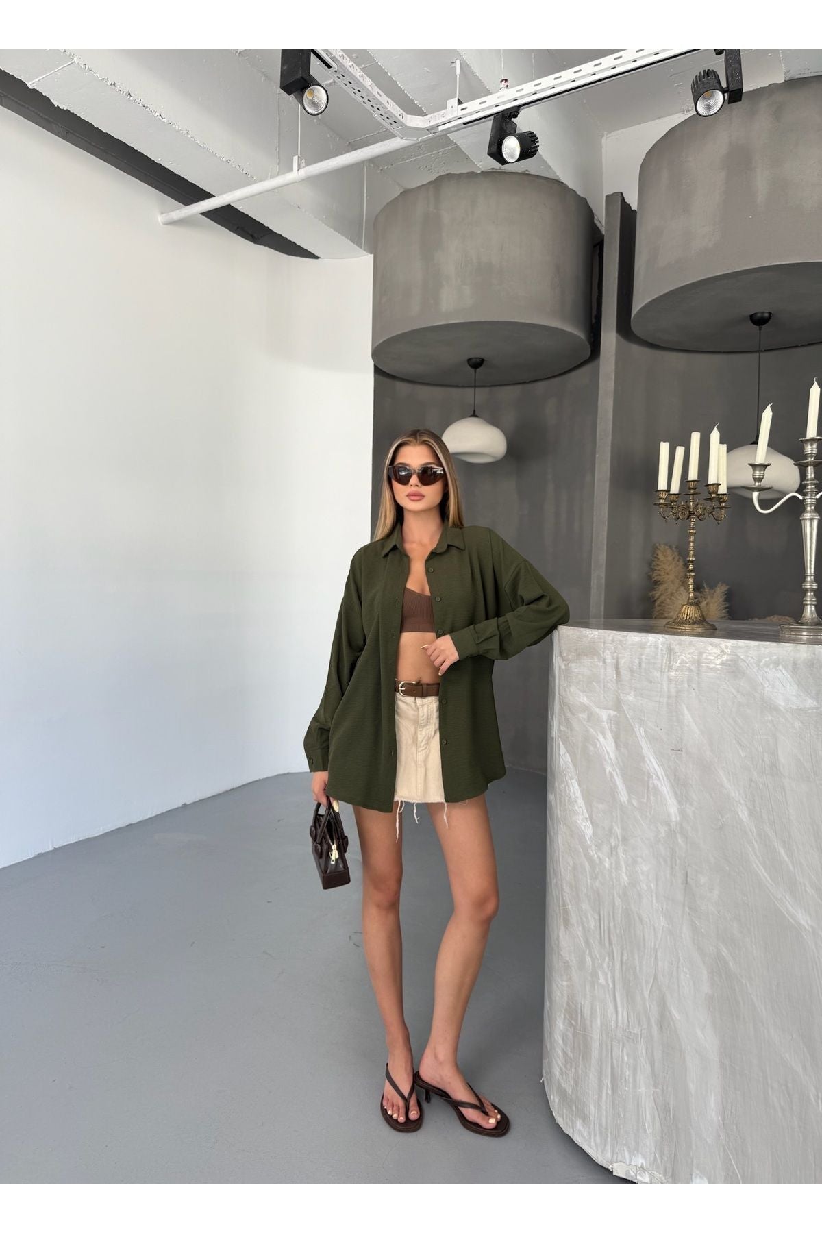 Kadın Haki Oversize Keten Ayrobin Gömlek