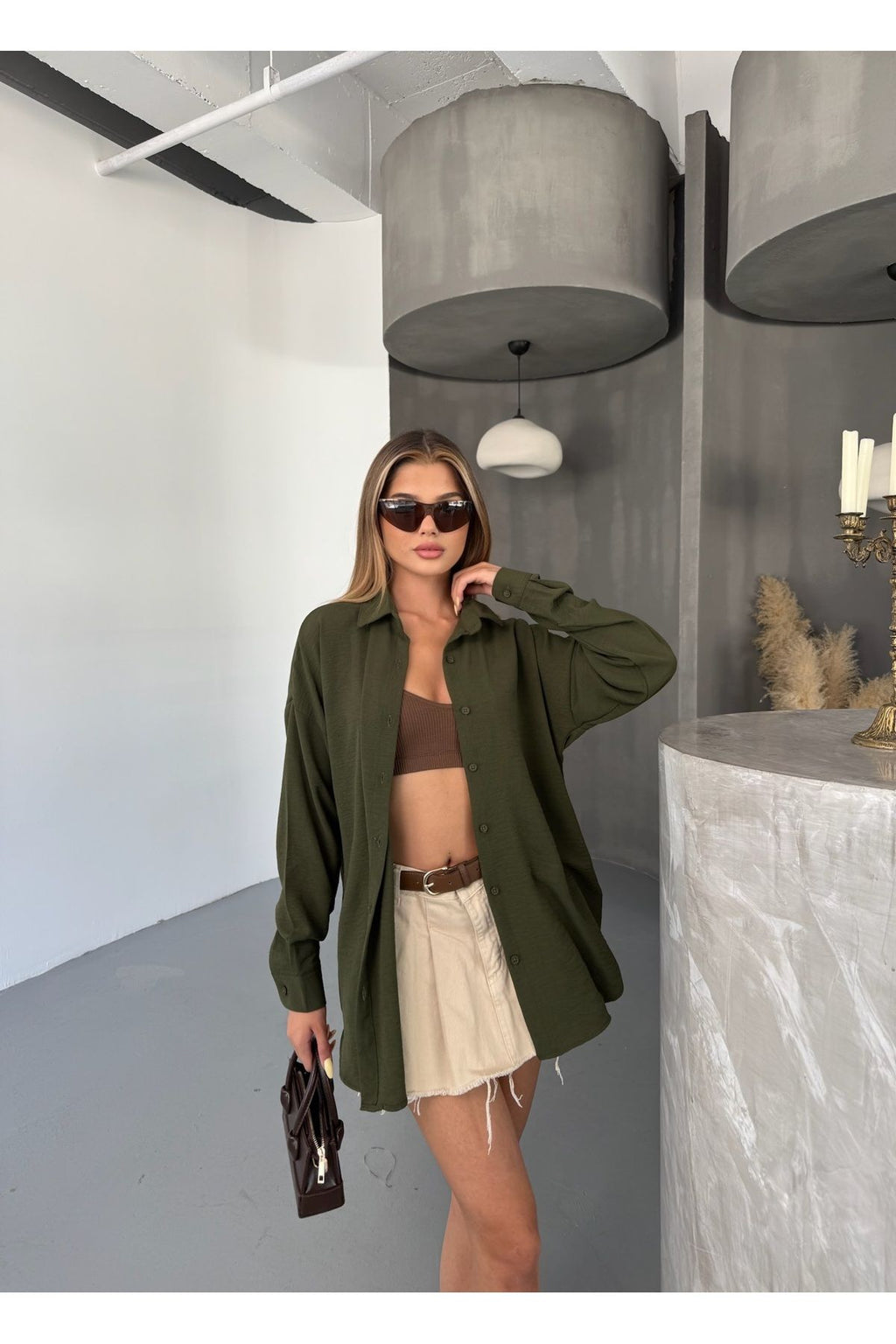 Kadın Haki Oversize Keten Ayrobin Gömlek