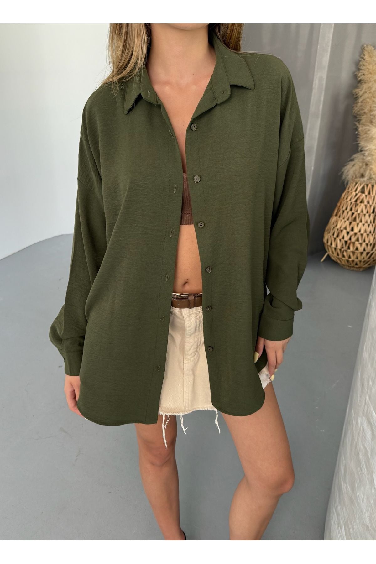 Kadın Haki Oversize Keten Ayrobin Gömlek