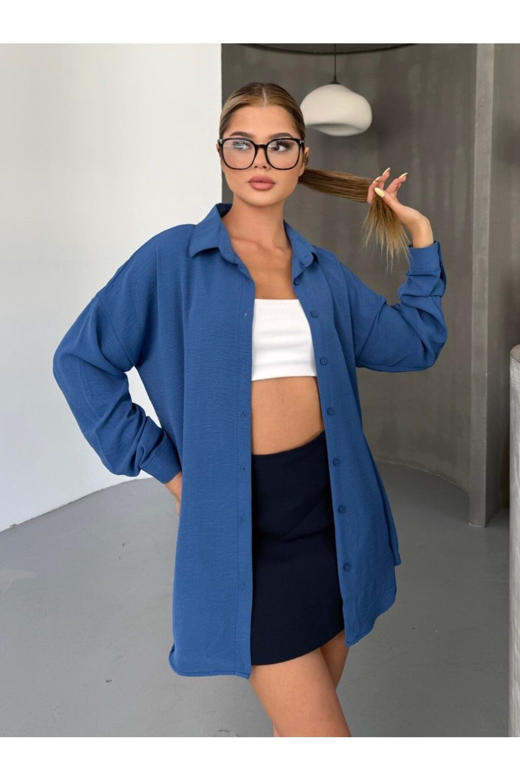 Kadın İndigo Oversize Keten Ayrobin Gömlek