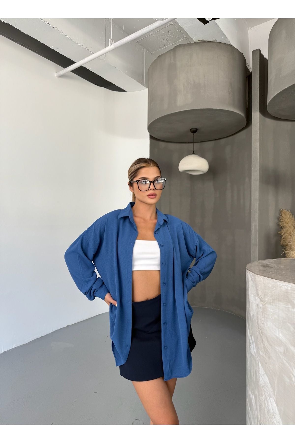 Kadın İndigo Oversize Keten Ayrobin Gömlek