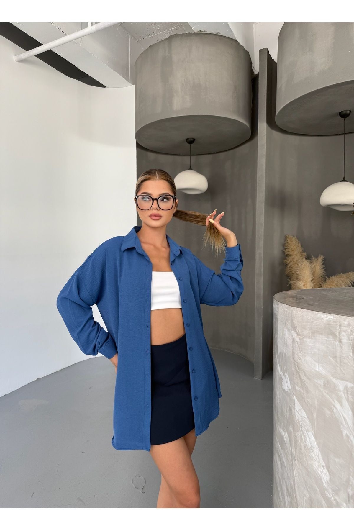 Kadın İndigo Oversize Keten Ayrobin Gömlek