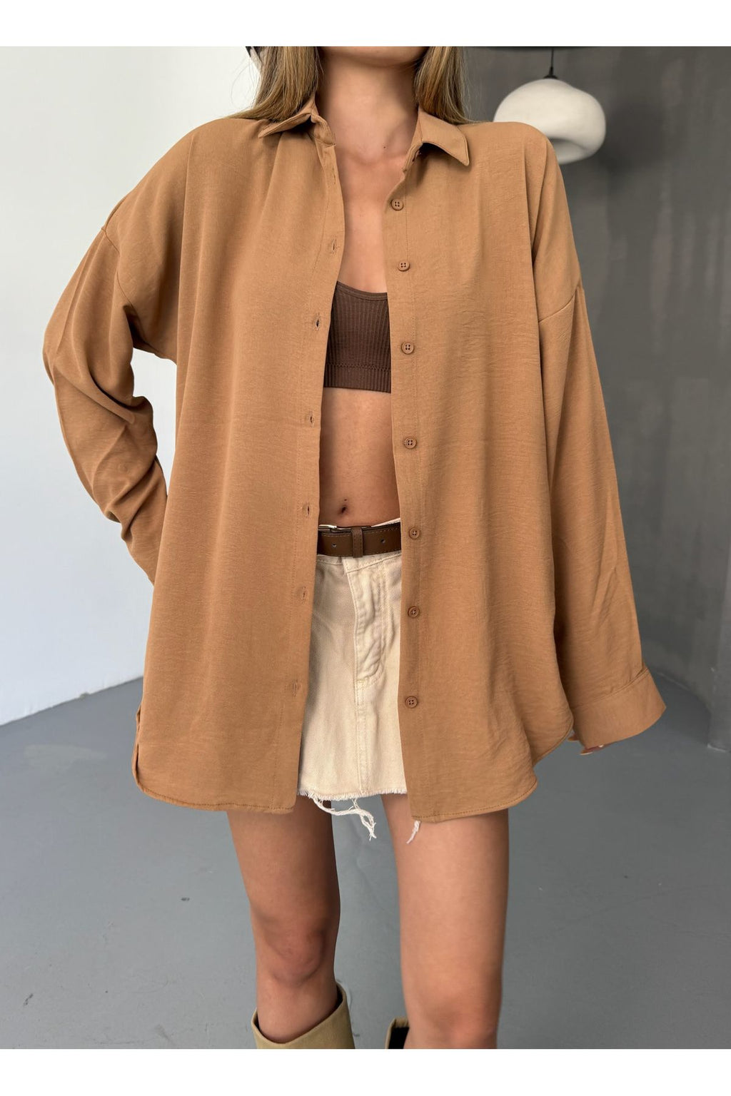 Kadın Karamel Oversize Keten Ayrobin Gömlek