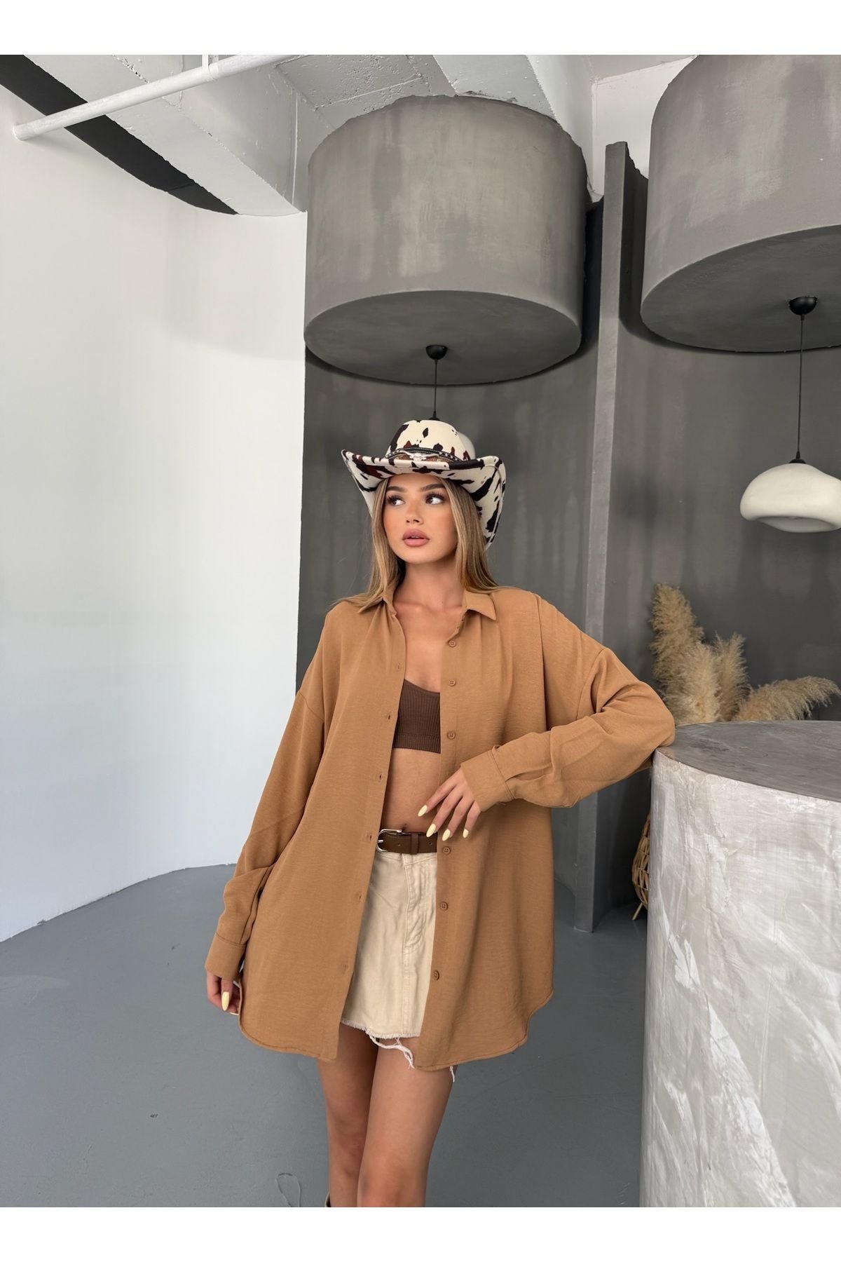 Kadın Karamel Oversize Keten Ayrobin Gömlek