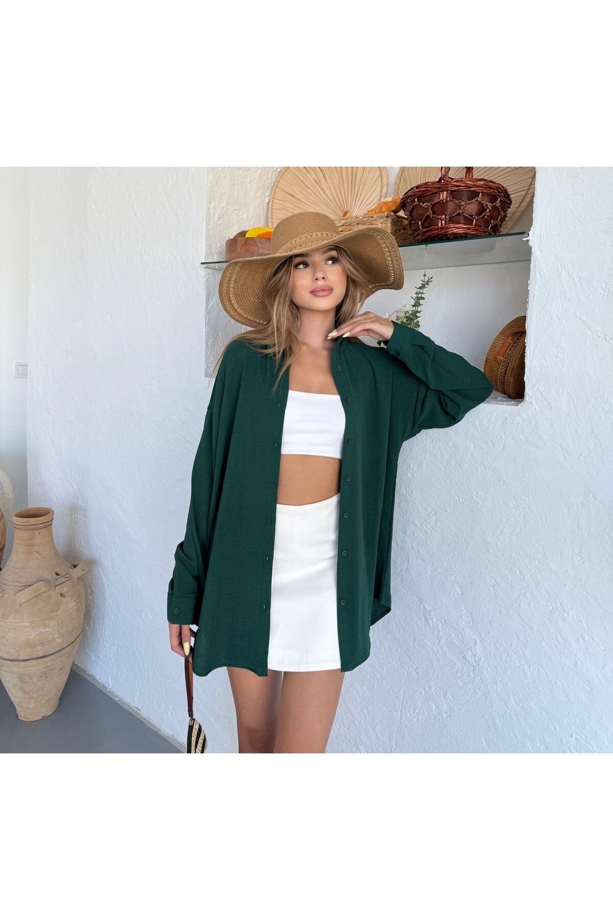 Kadın Koyu Yeşil Oversize Keten Ayrobin Gömlek