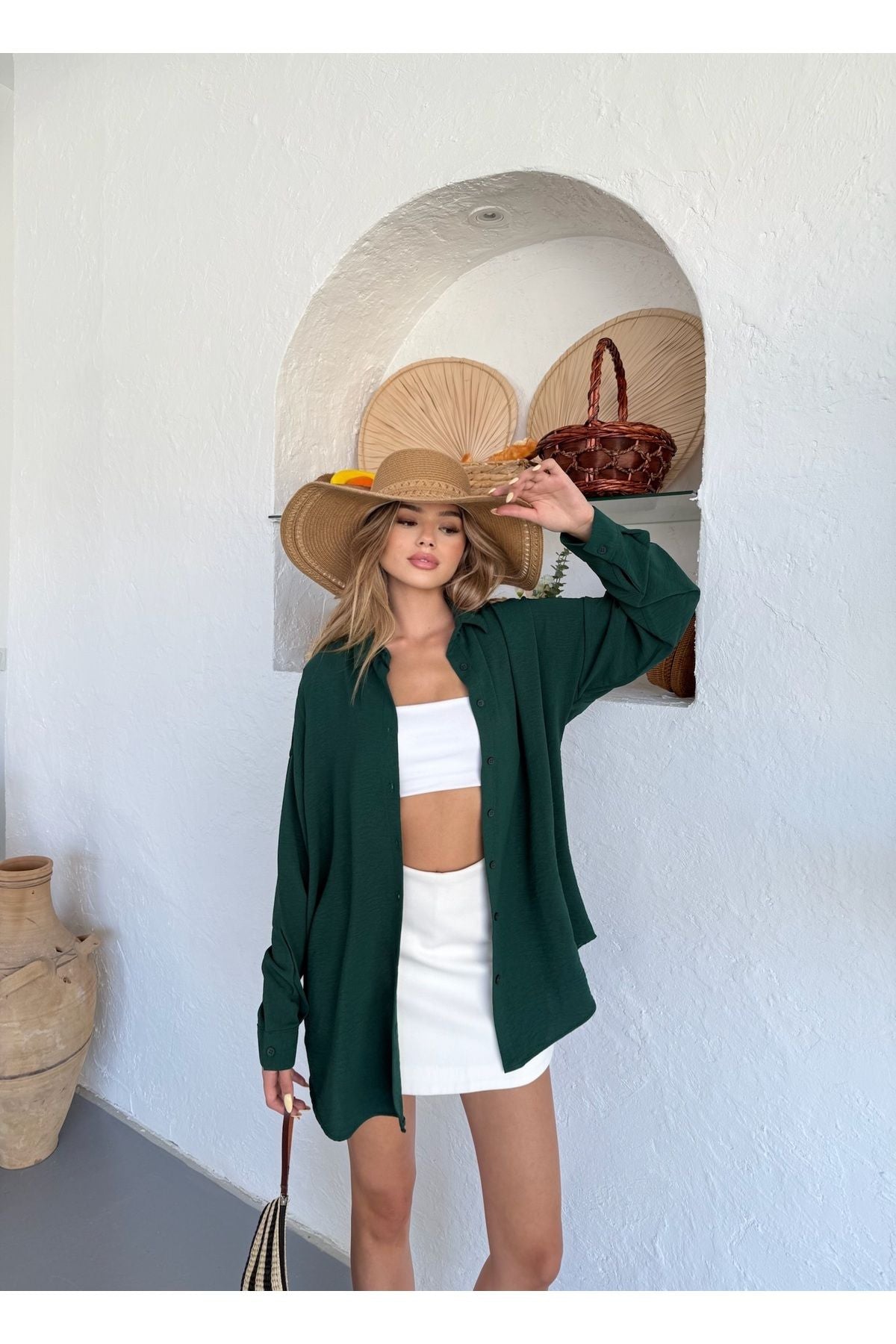 Kadın Koyu Yeşil Oversize Keten Ayrobin Gömlek
