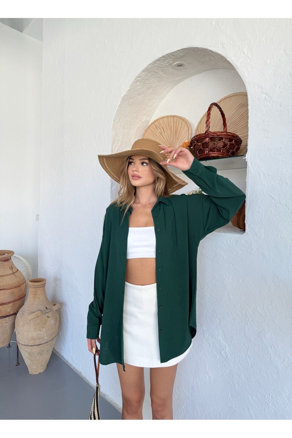 Kadın Koyu Yeşil Oversize Keten Ayrobin Gömlek