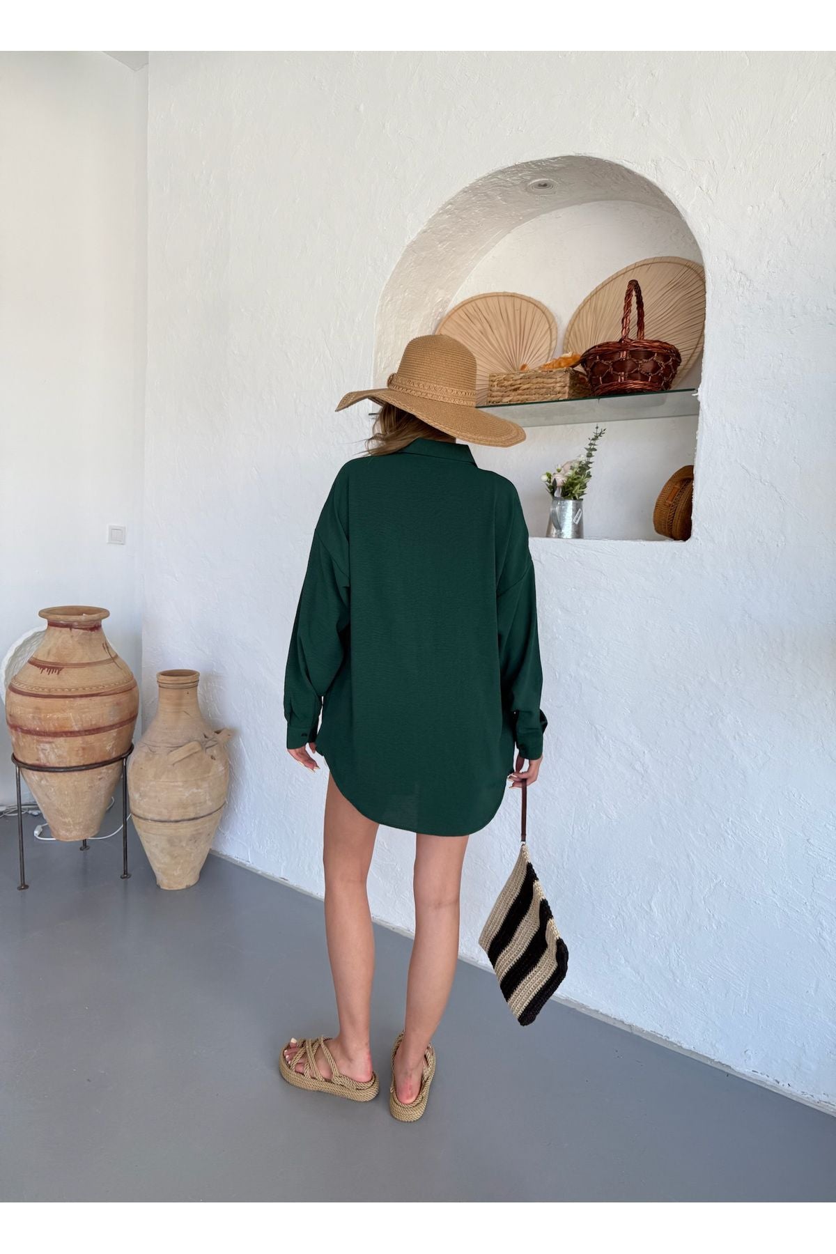 Kadın Koyu Yeşil Oversize Keten Ayrobin Gömlek