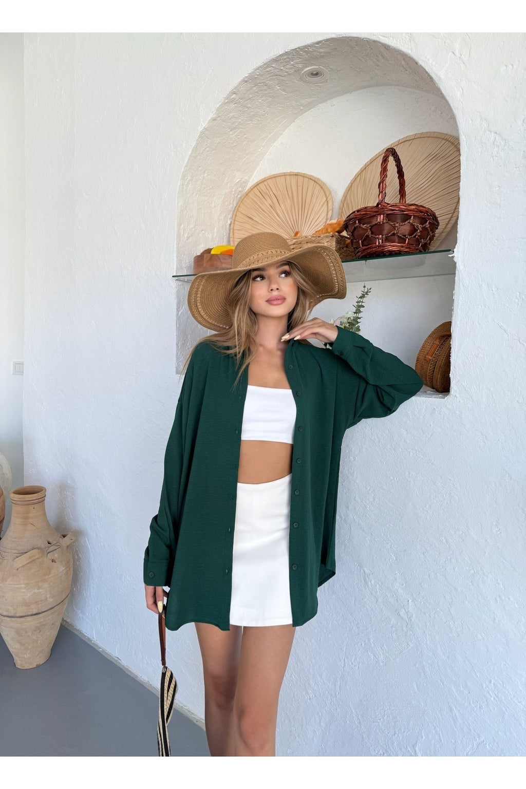 Kadın Koyu Yeşil Oversize Keten Ayrobin Gömlek