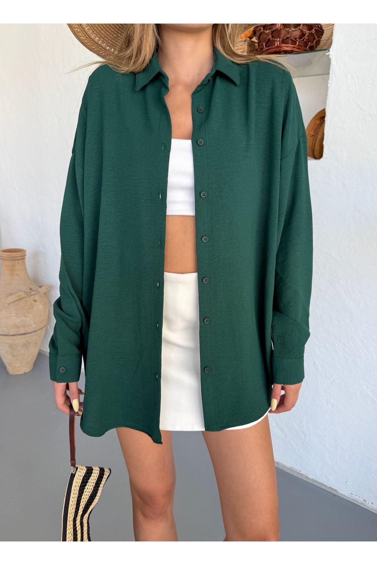 Kadın Koyu Yeşil Oversize Keten Ayrobin Gömlek