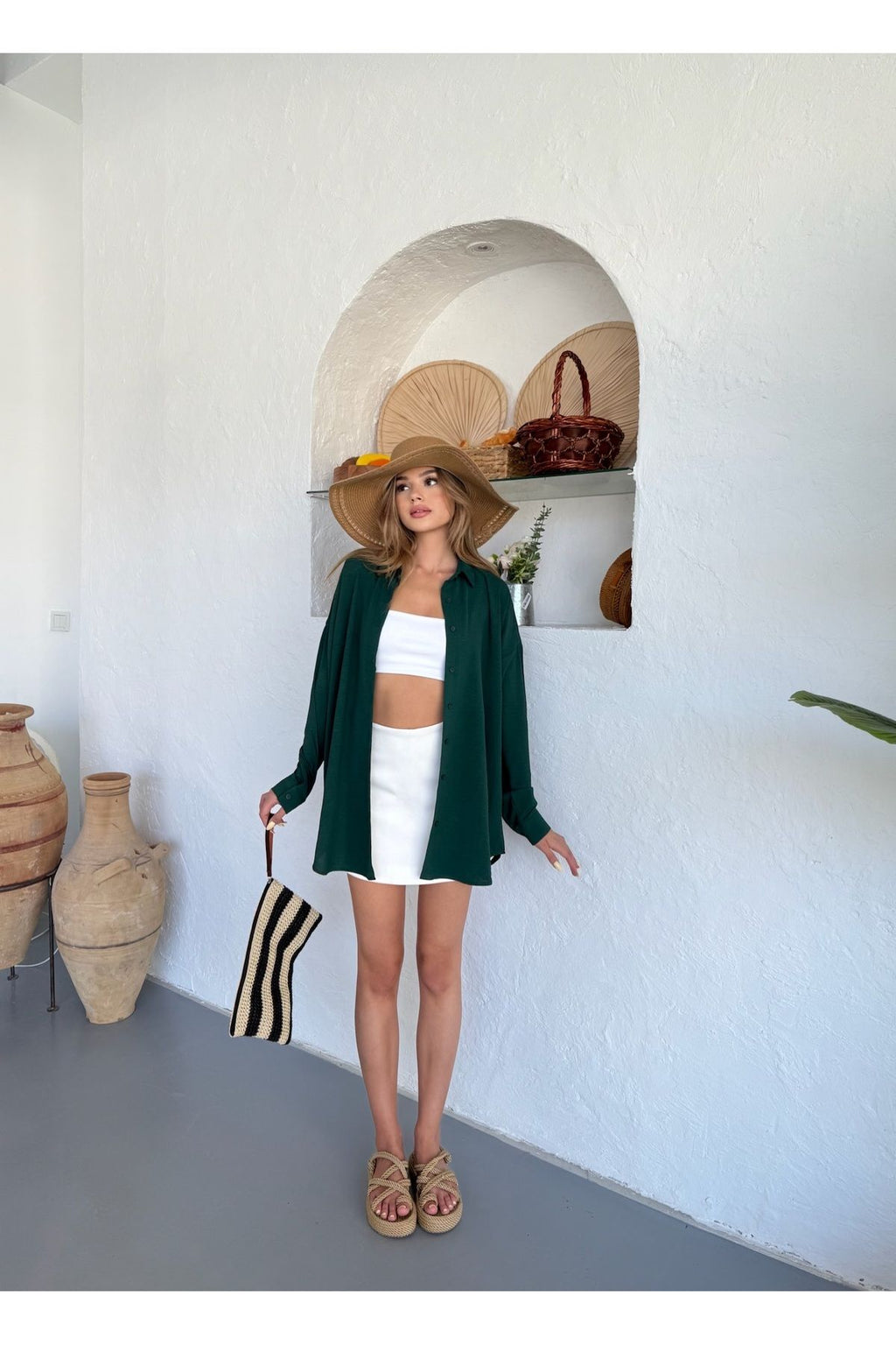 Kadın Koyu Yeşil Oversize Keten Ayrobin Gömlek